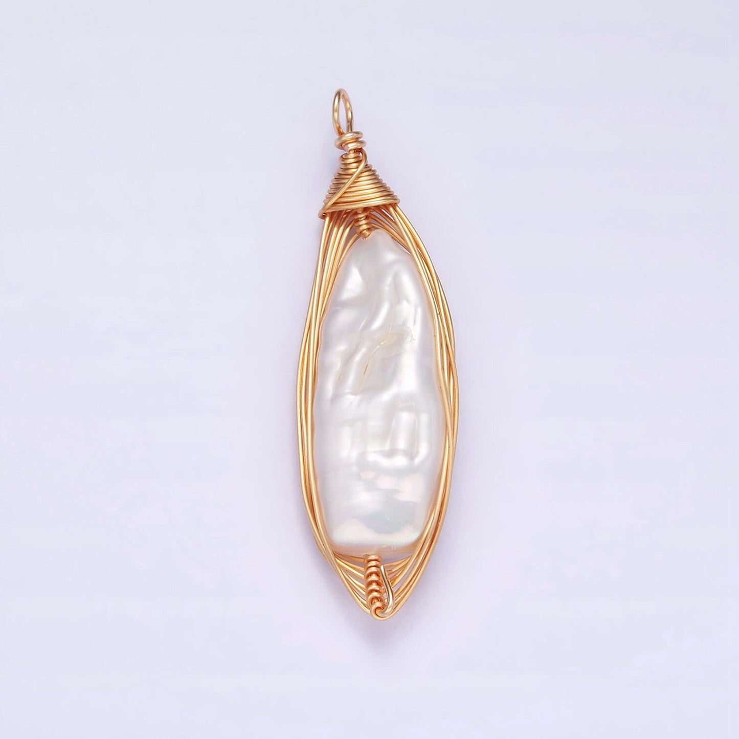 24K Gold Filled 44.5mm Flat Baroque Freshwater Pearl Multiple Wire Charm | N1043