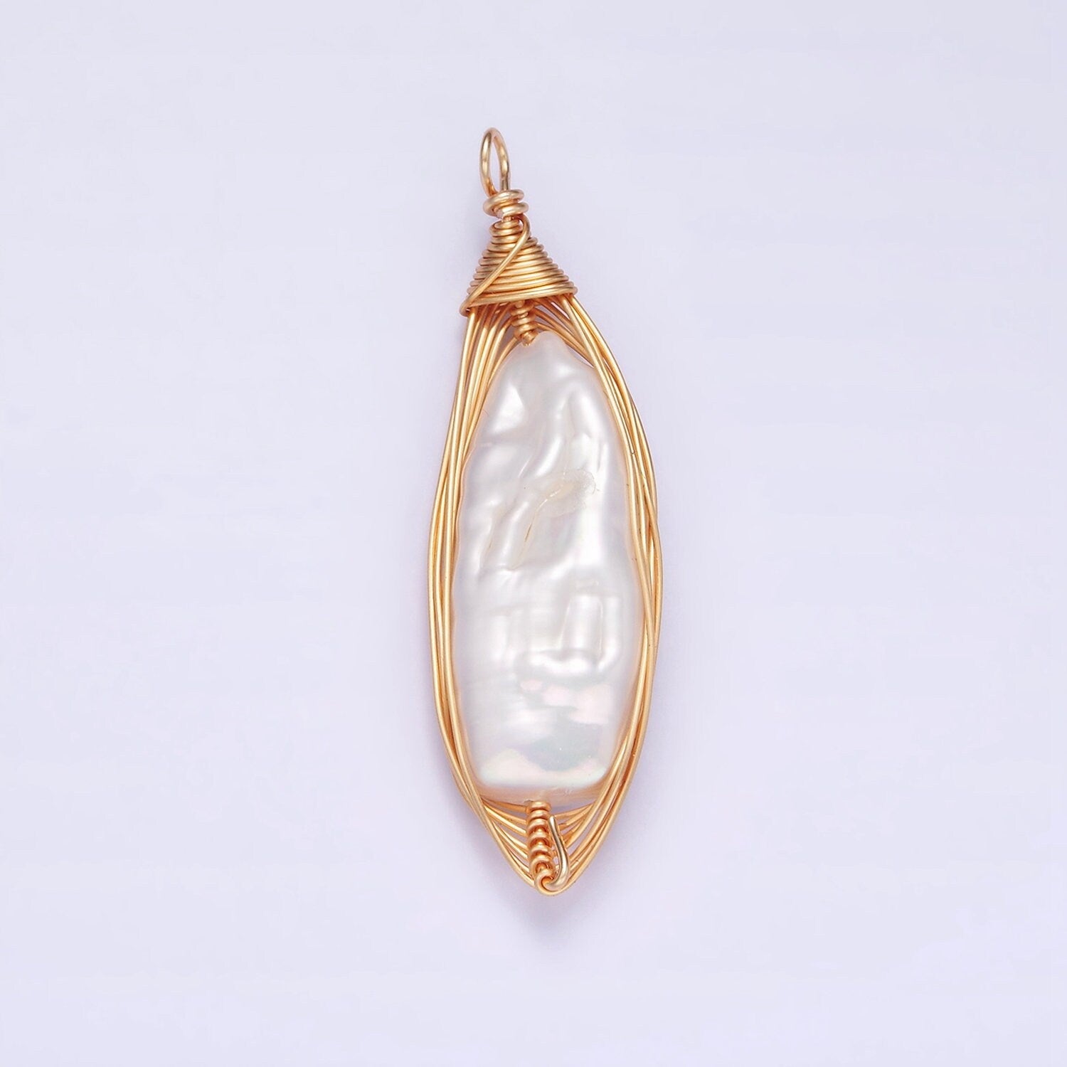 24K Gold Filled 44.5mm Flat Baroque Freshwater Pearl Multiple Wire Charm | N1043