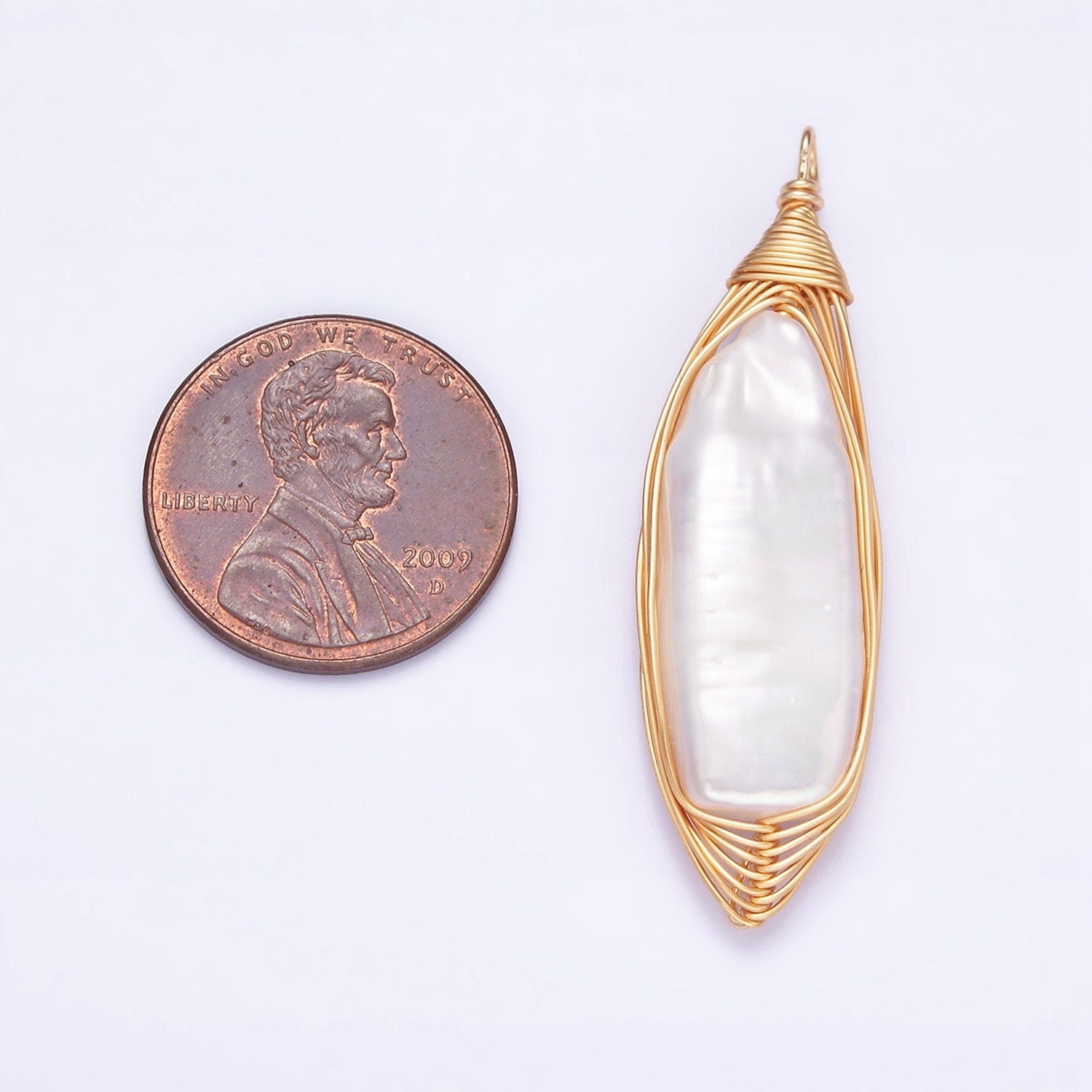 24K Gold Filled 44.5mm Flat Baroque Freshwater Pearl Multiple Wire Charm | N1043
