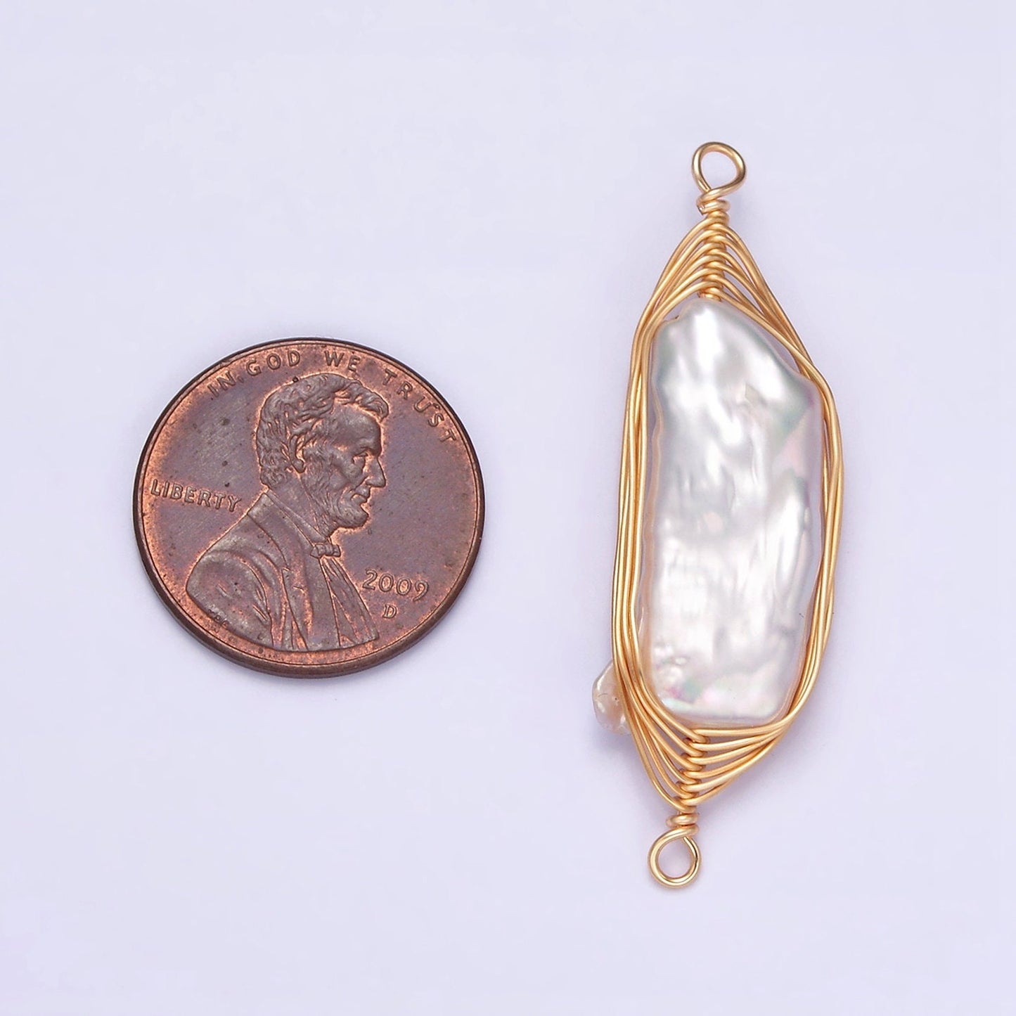 24K Gold Filled 41.5mm White Baroque Freshwater Pearl Wire Wrapped Connector | G662
