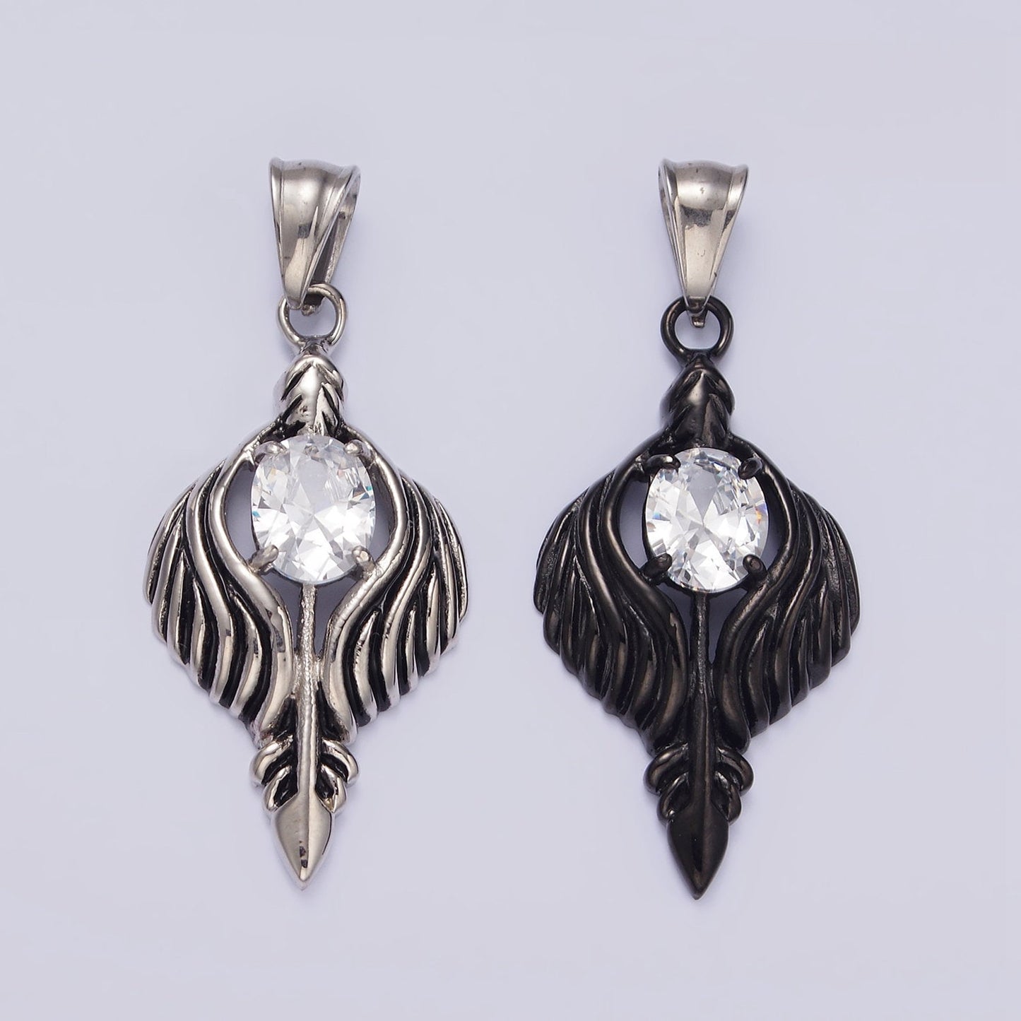 Stainless Steel 50mm Clear CZ Oval Line-Textured Wrapped Arrow Pendant in Silver & Black | P808