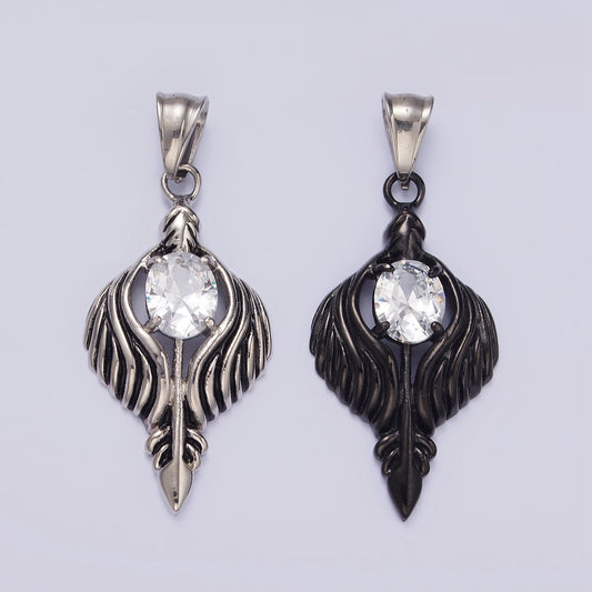Stainless Steel 50mm Clear CZ Oval Line-Textured Wrapped Arrow Pendant in Silver & Black | P808