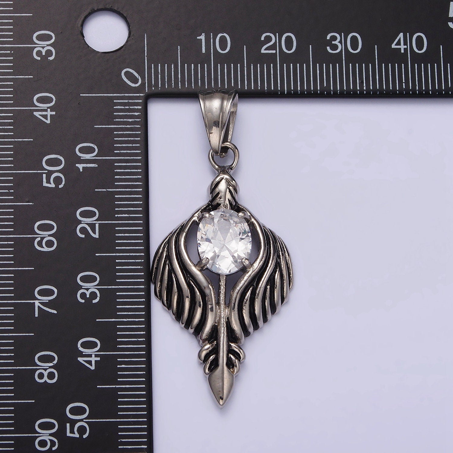 Stainless Steel 50mm Clear CZ Oval Line-Textured Wrapped Arrow Pendant in Silver & Black | P808