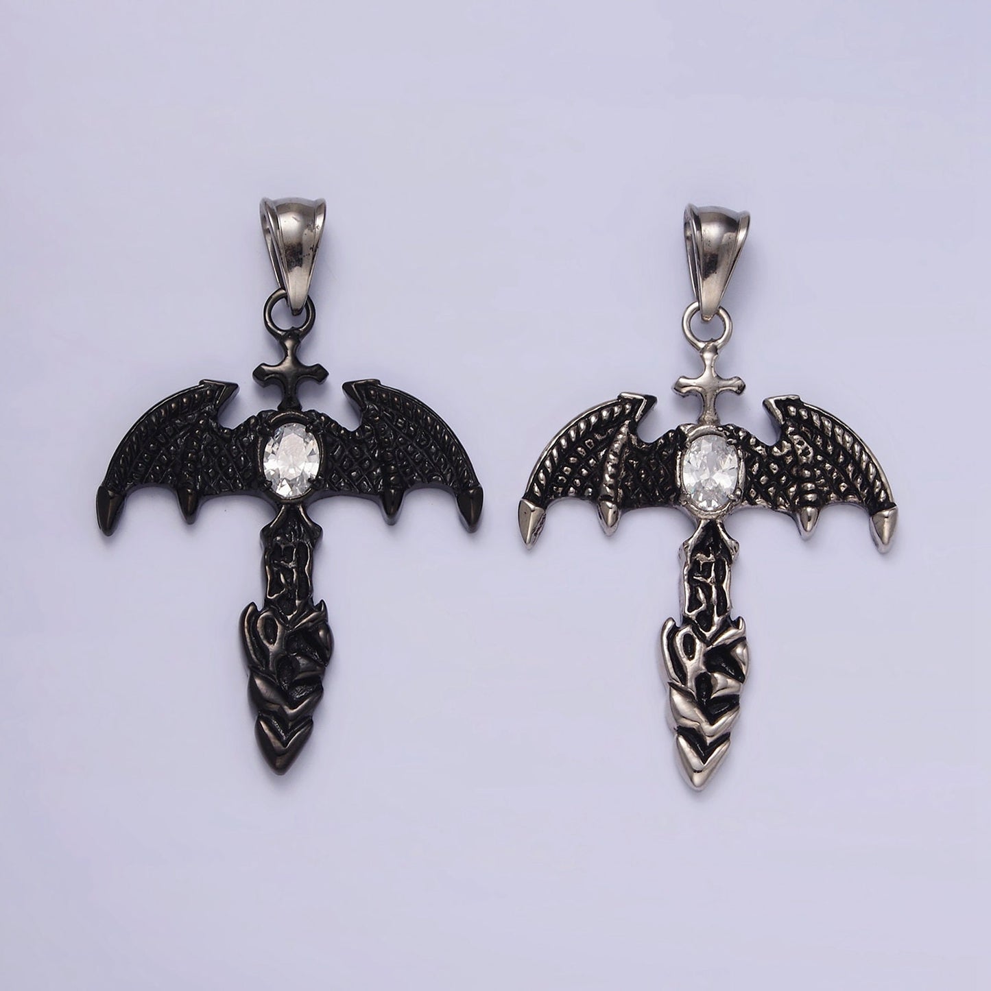 Stainless Steel 55mm Clear Oval CZ Bat Wings Passion Cross Religious Pendant in Silver & Black | P815