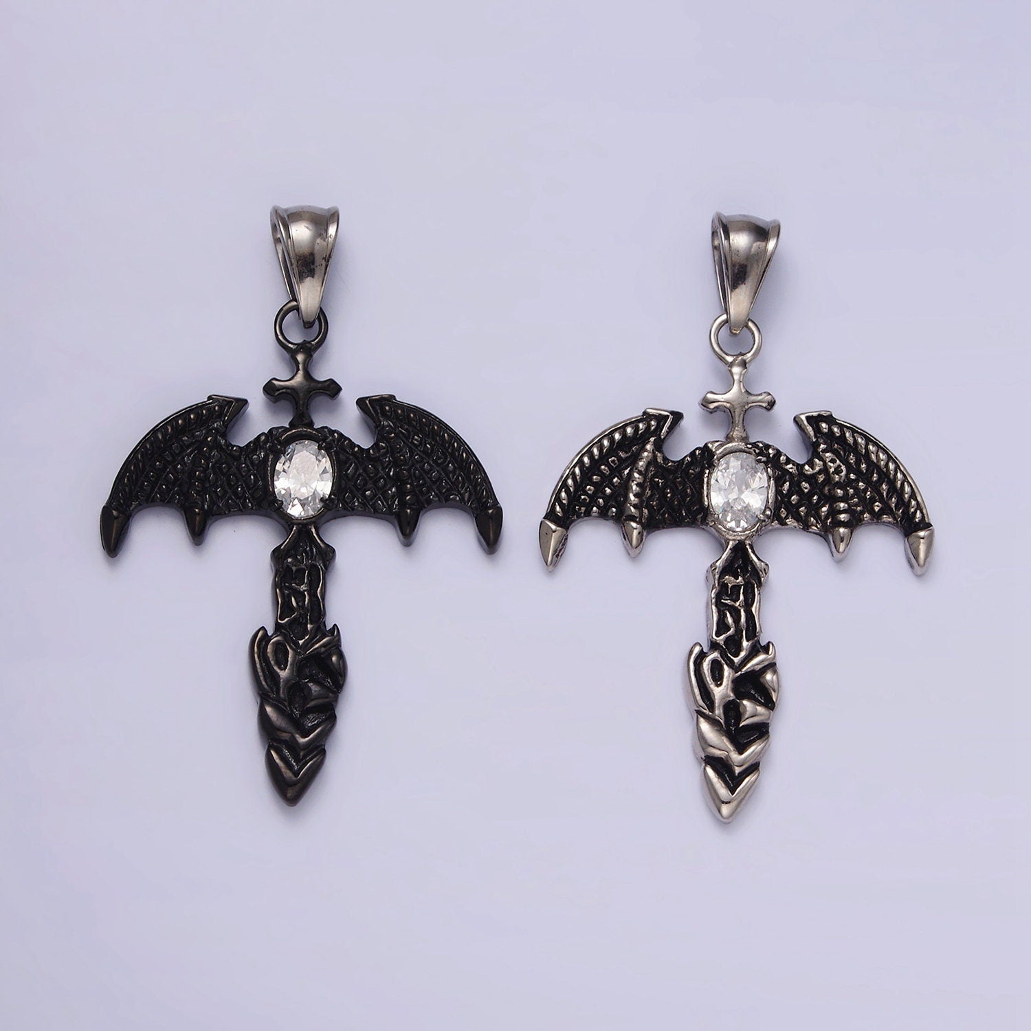 Stainless Steel 55mm Clear Oval CZ Bat Wings Passion Cross Religious Pendant in Silver & Black | P815