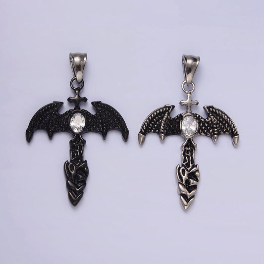 Stainless Steel 55mm Clear Oval CZ Bat Wings Passion Cross Religious Pendant in Silver & Black | P815