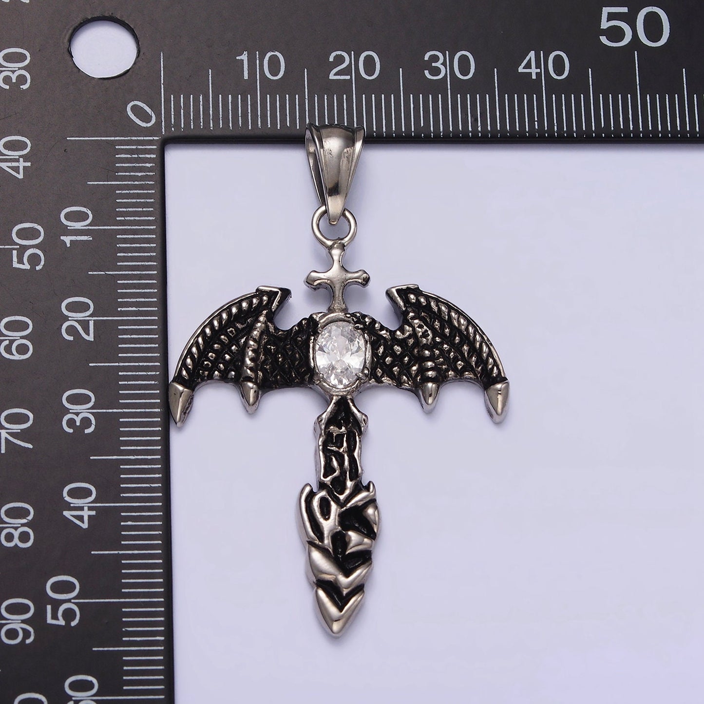 Stainless Steel 55mm Clear Oval CZ Bat Wings Passion Cross Religious Pendant in Silver & Black | P815