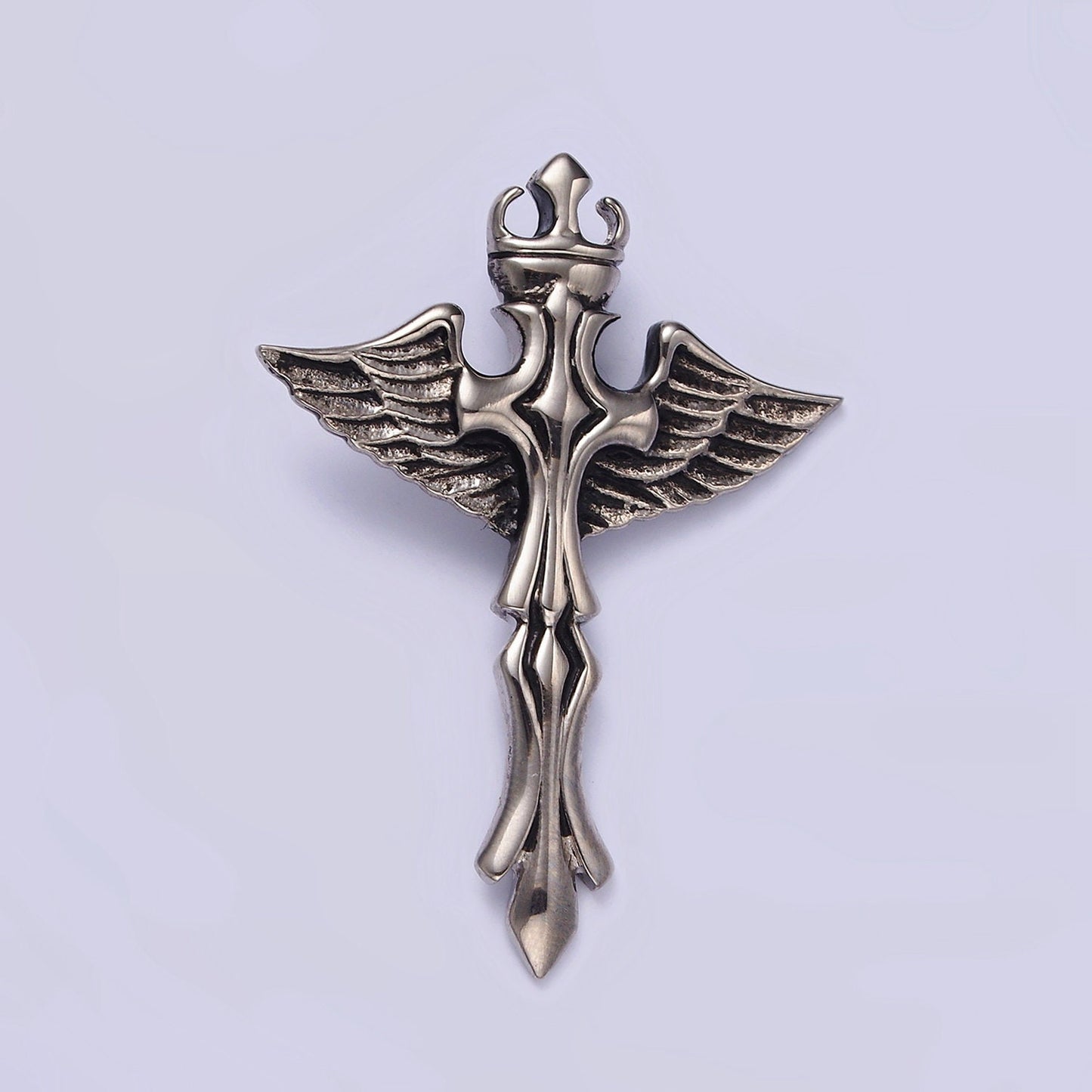 Stainless Steel 46.5mm Artisan Fleury Cross Crown Feather Wings Pendant | P805