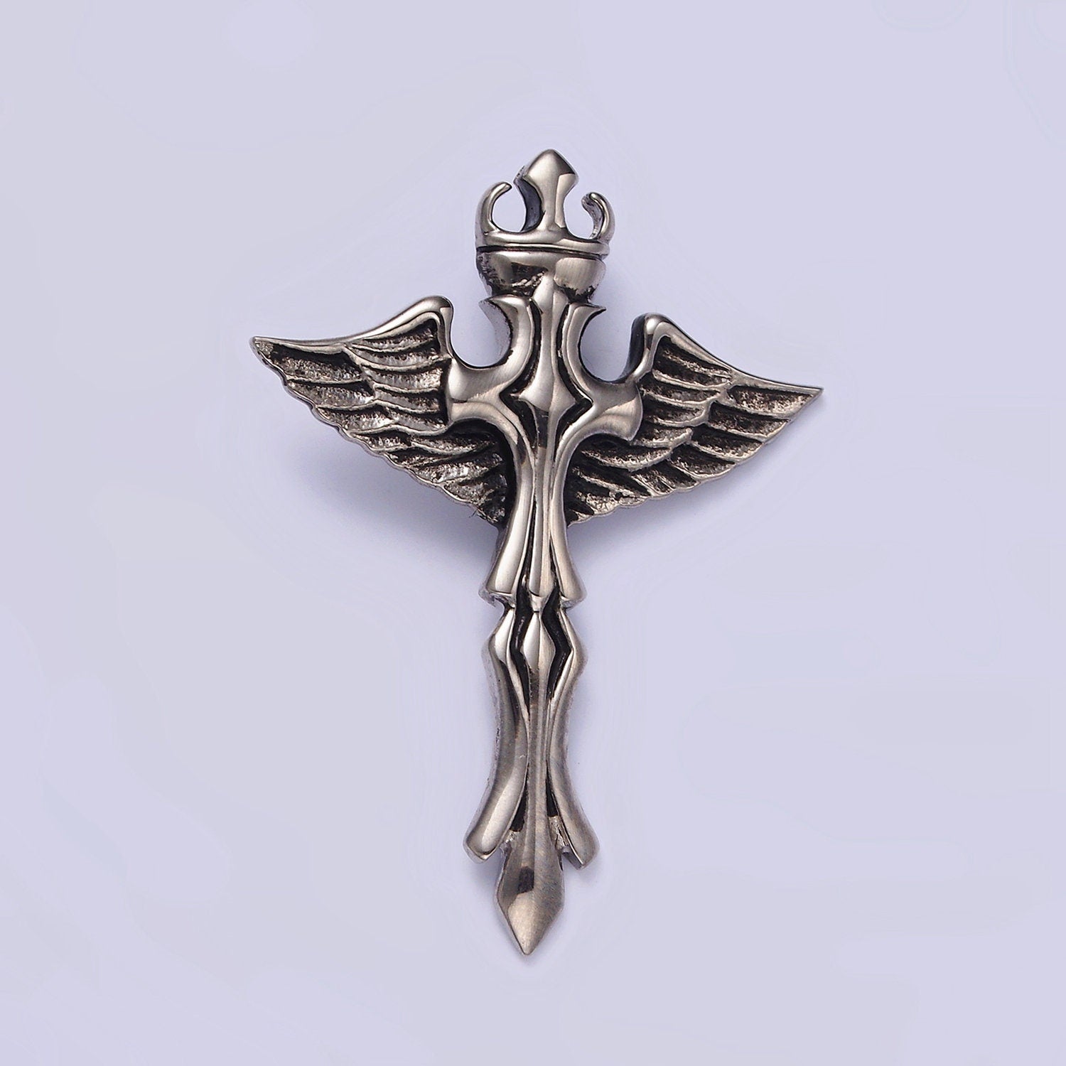 Stainless Steel 46.5mm Artisan Fleury Cross Crown Feather Wings Pendant | P805