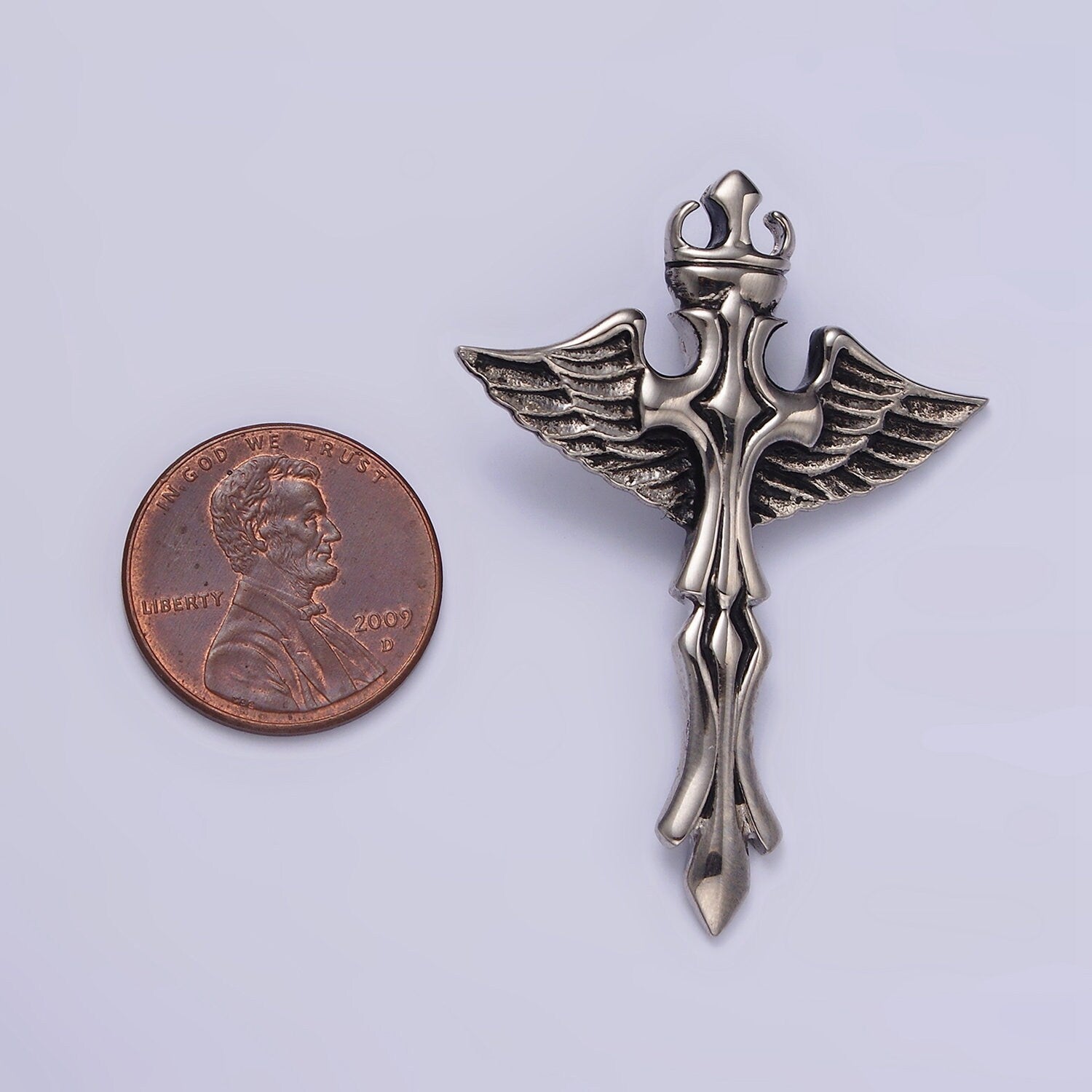 Stainless Steel 46.5mm Artisan Fleury Cross Crown Feather Wings Pendant | P805
