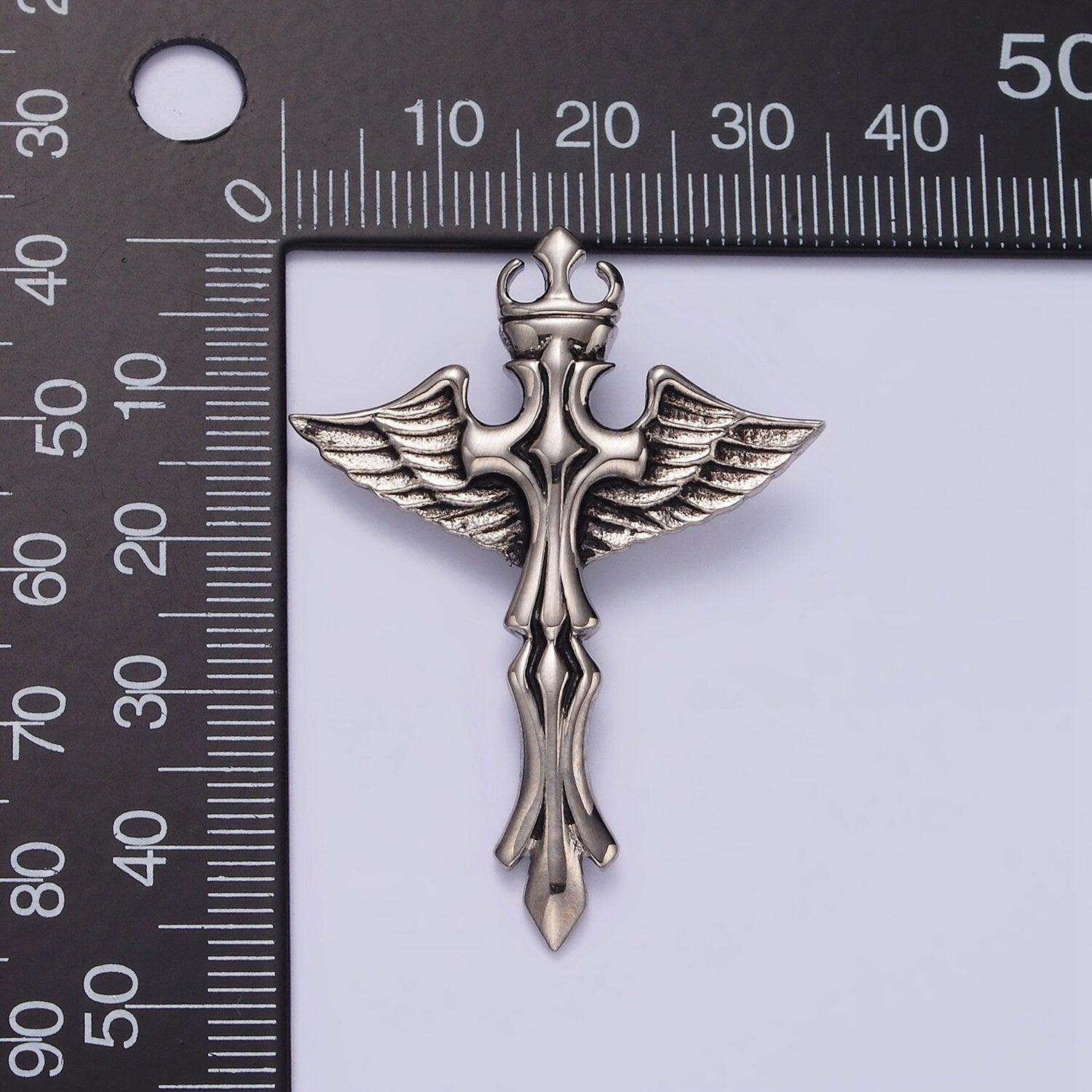 Stainless Steel 46.5mm Artisan Fleury Cross Crown Feather Wings Pendant | P805