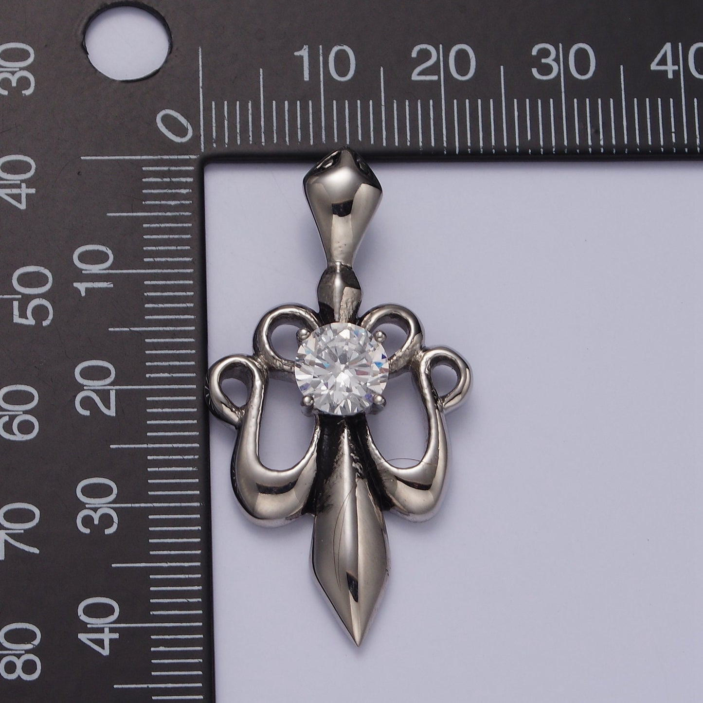 Stainless Steel 42mm Clear CZ French Fleur De Lis Ribbon Pendant | P811