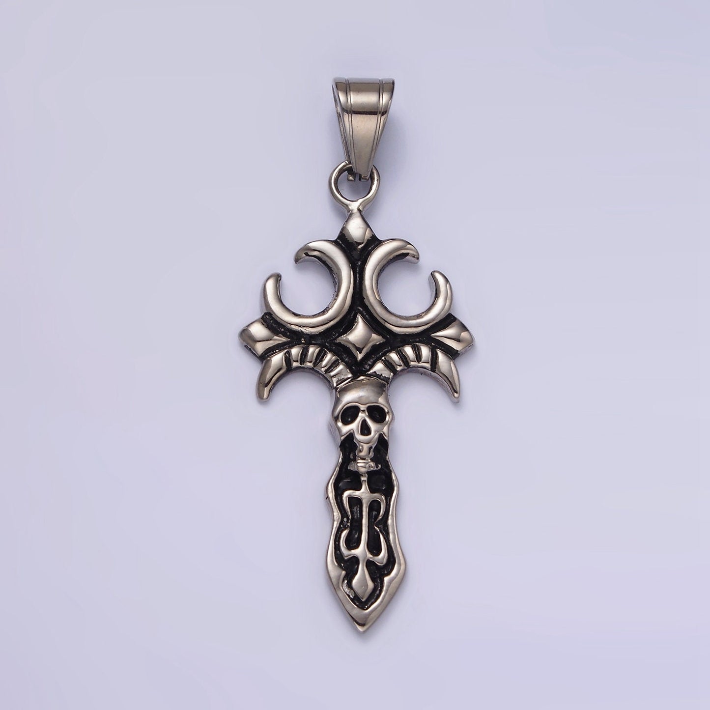 Stainless Steel Skull Skelton Fleury Cross Knife Sword Pendant | P818