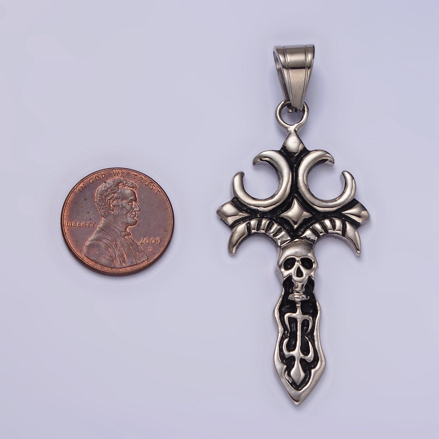 Stainless Steel Skull Skelton Fleury Cross Knife Sword Pendant | P818