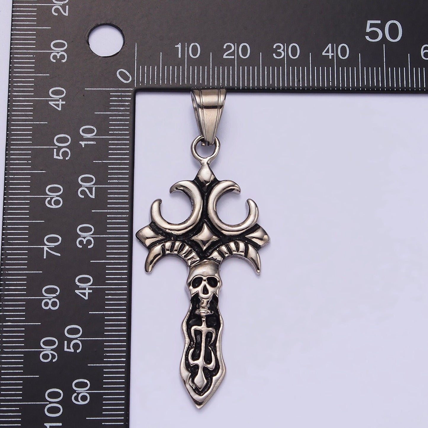 Stainless Steel Skull Skelton Fleury Cross Knife Sword Pendant | P818