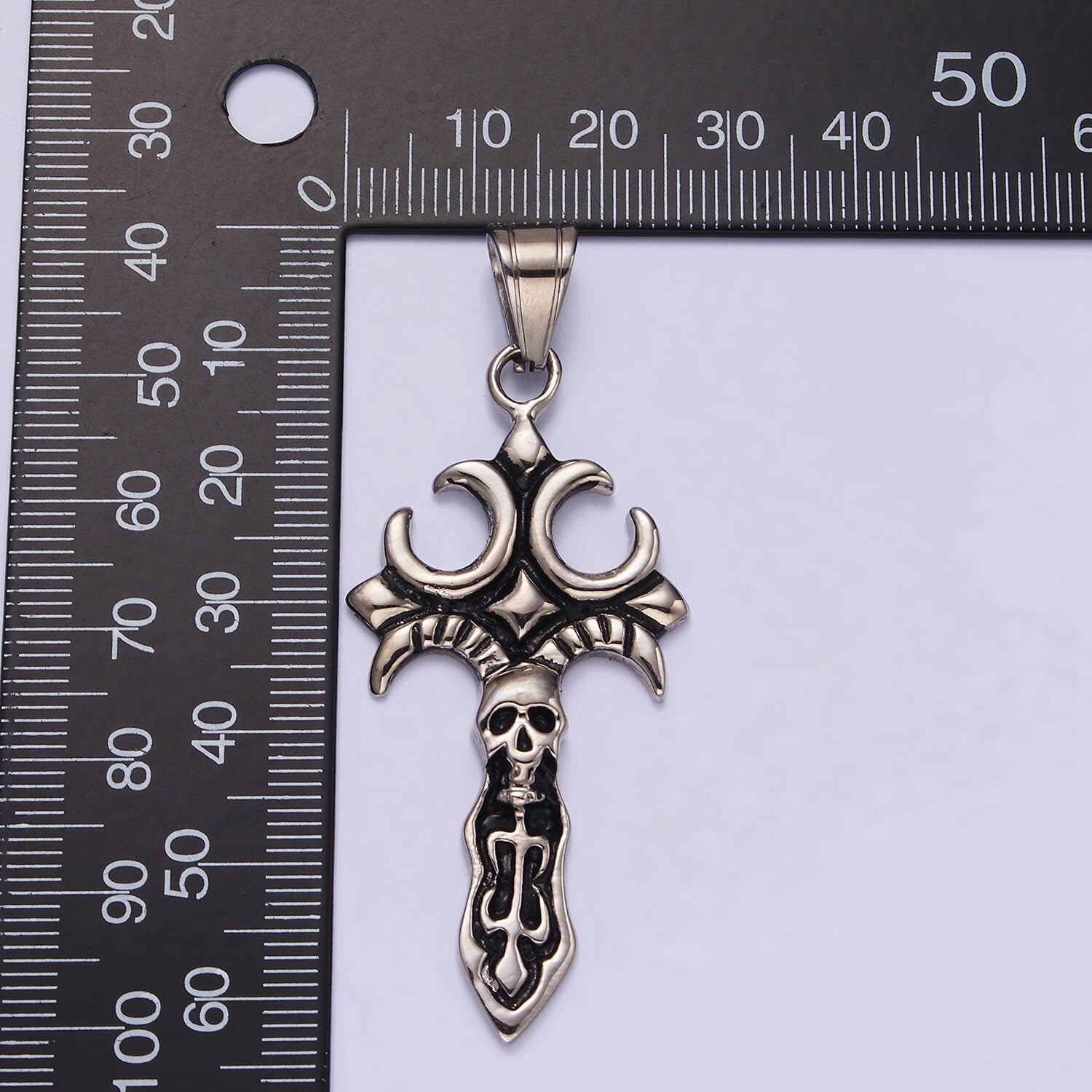 Stainless Steel Skull Skelton Fleury Cross Knife Sword Pendant | P818