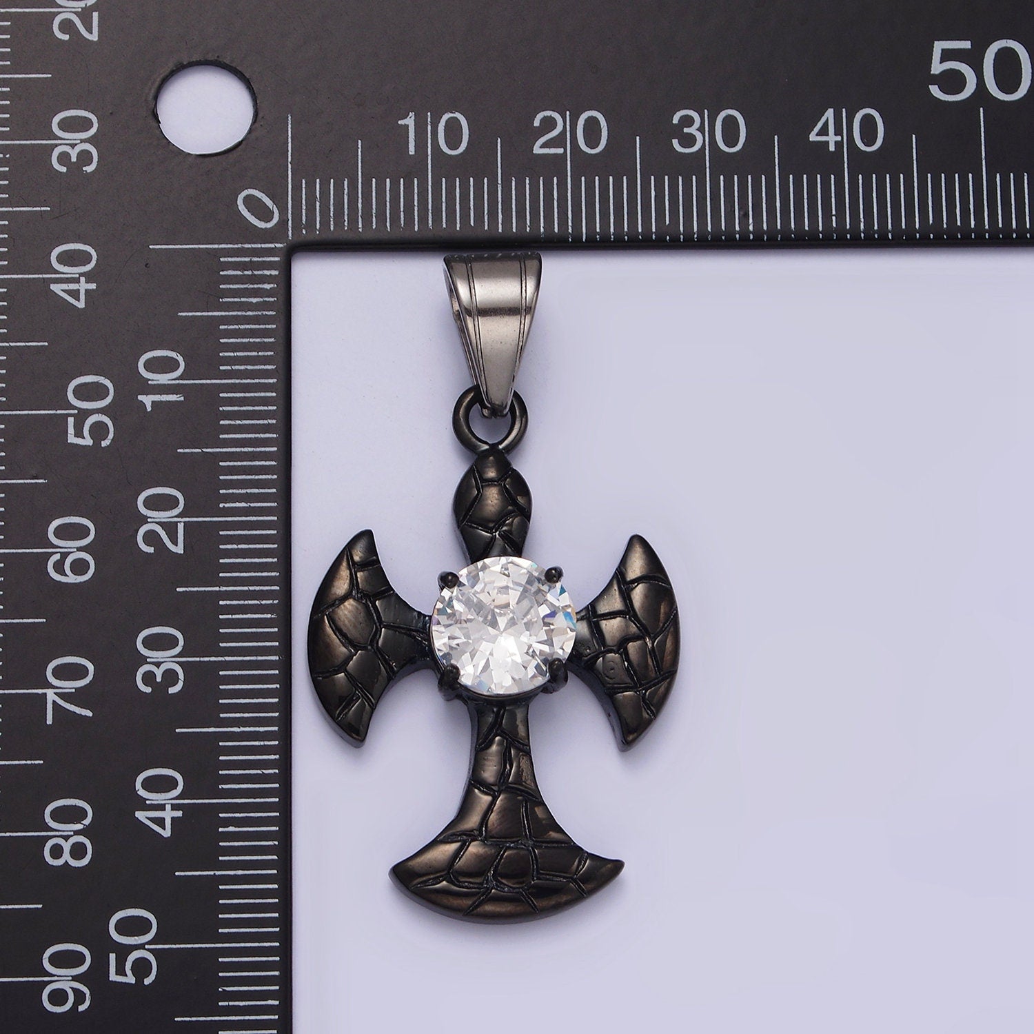 Stainless Steel Clear CZ Round Scaled Religious Pattee Cross Black Pendant | P807