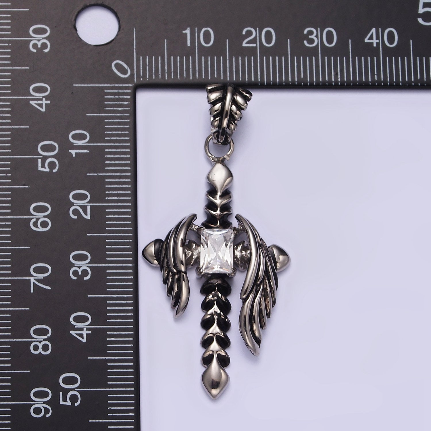 Stainless Steel Clear CZ Baguette Arrow Passion Cross Feather Wings Pendant | P812