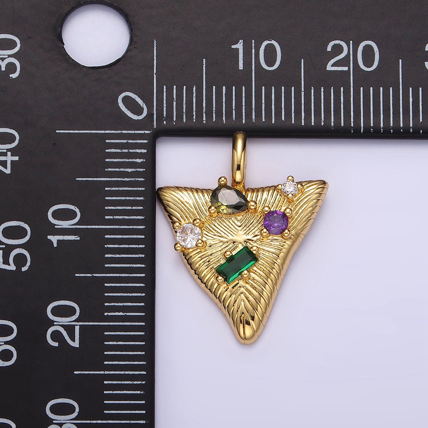14K Gold Filled 21.5mm Multicolor CZ Line-Textured Abstract Triangle Pendant in Gold & Silver | AA737 AA738