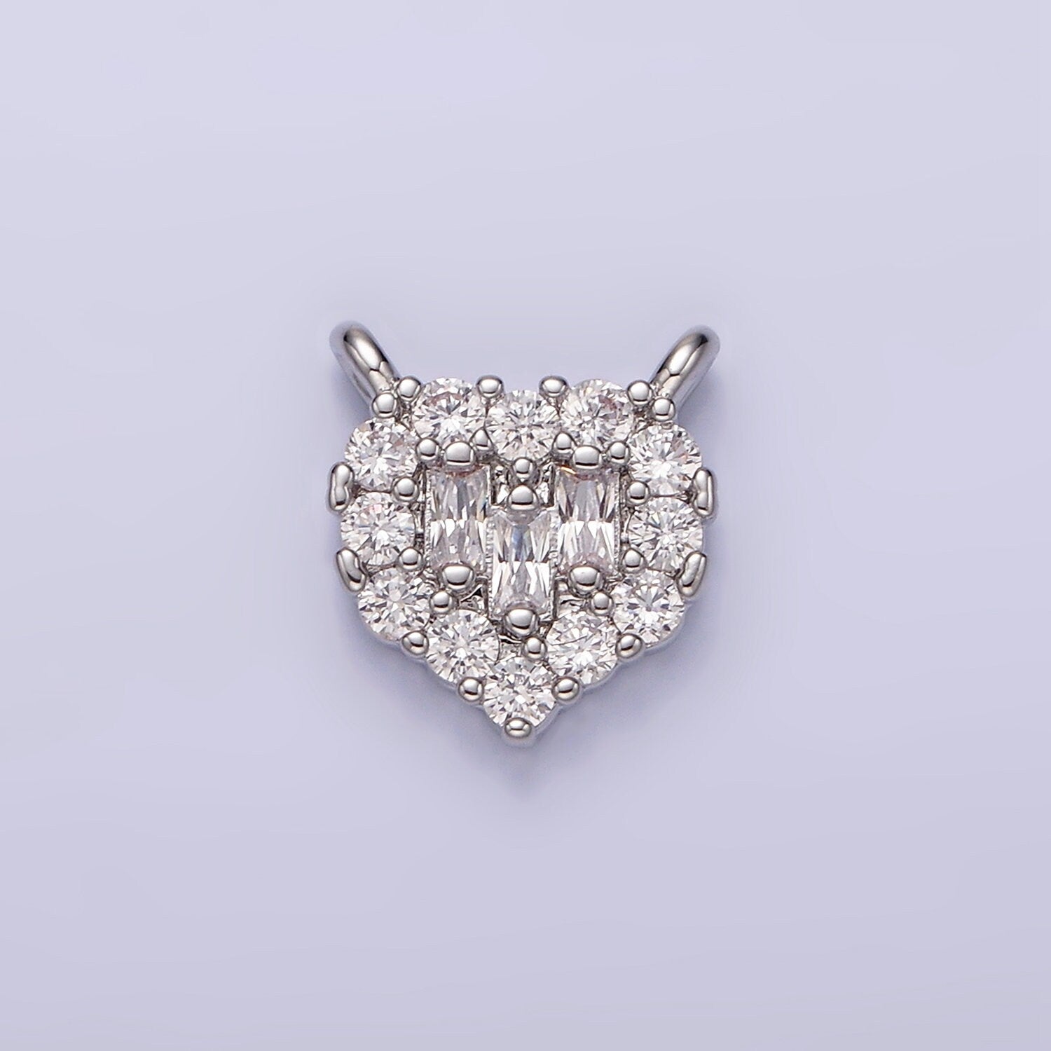 White Gold Filled Clear Triple Baguette Micro Paved CZ 10mm Heart Connector | G786