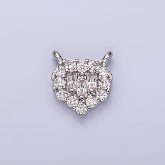 White Gold Filled Clear Triple Baguette Micro Paved CZ 10mm Heart Connector | G786