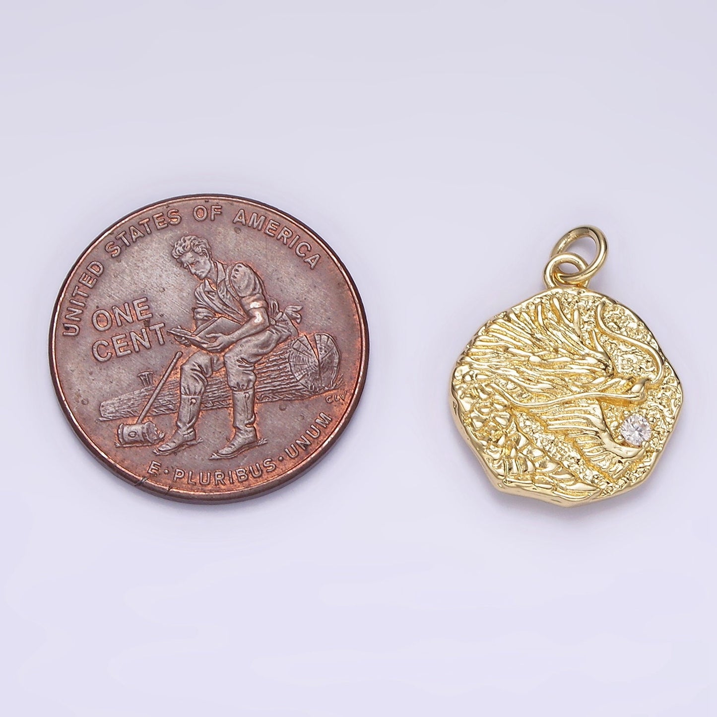 14K Gold Filled CZ Dragon Animal Hammered Abstract Round Charm | AG726