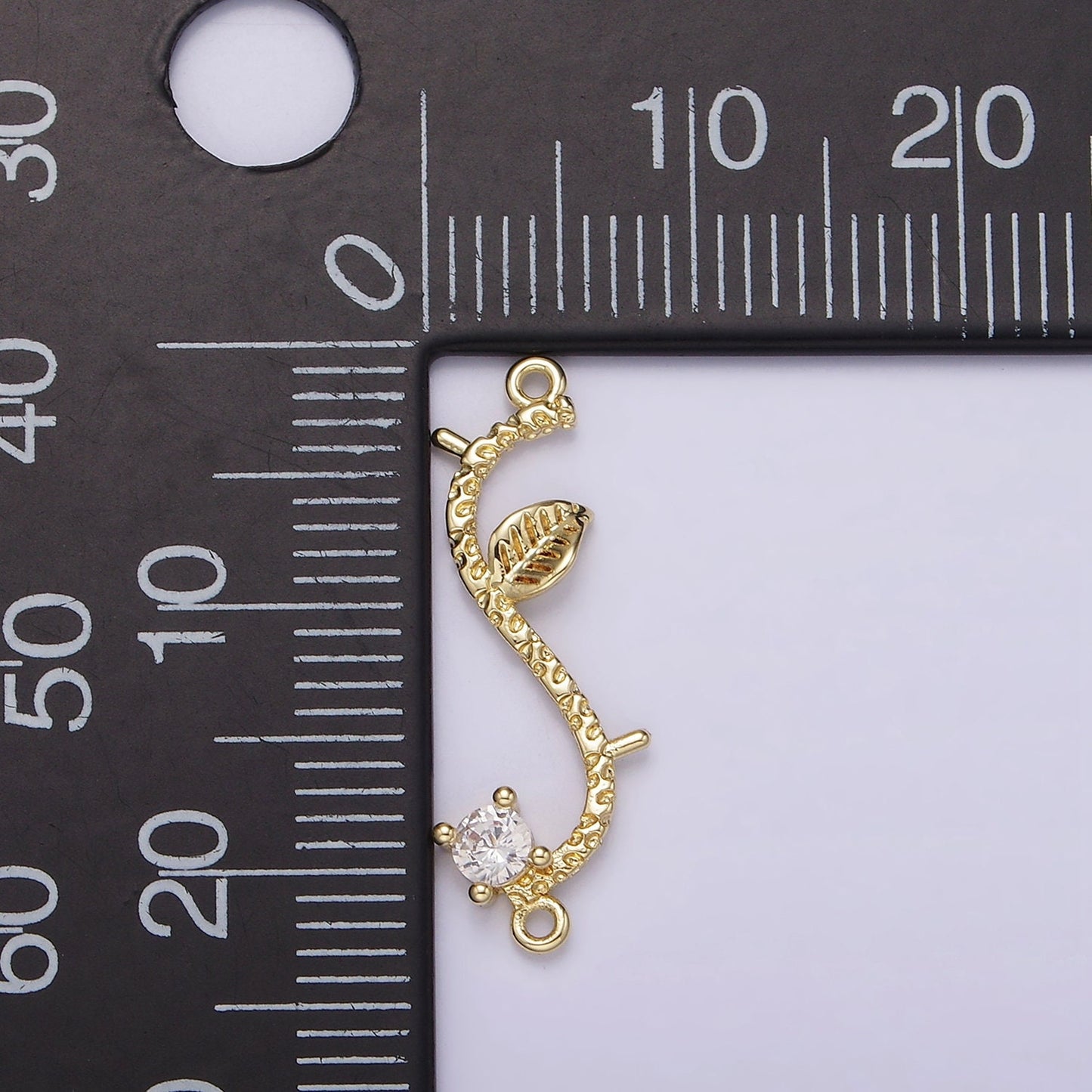 14K Gold Filled Leaf Plant CZ S-Curved Branch Charm Connector for Bracelet Necklace Link Connector Double Bail Charm | G077