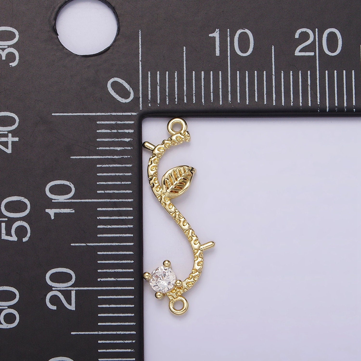 14K Gold Filled Leaf Plant CZ S-Curved Branch Charm Connector for Bracelet Necklace Link Connector Double Bail Charm | G077