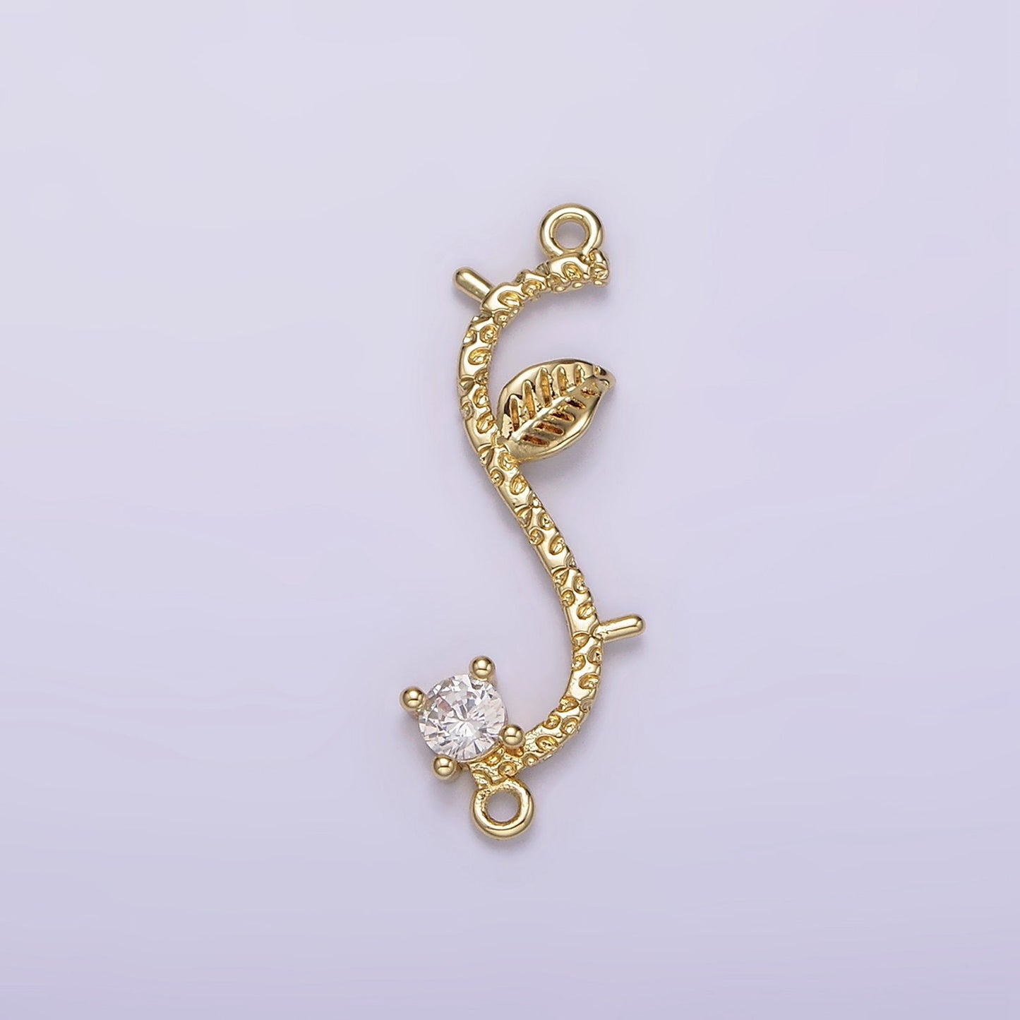 14K Gold Filled Leaf Plant CZ S-Curved Branch Charm Connector for Bracelet Necklace Link Connector Double Bail Charm | G077