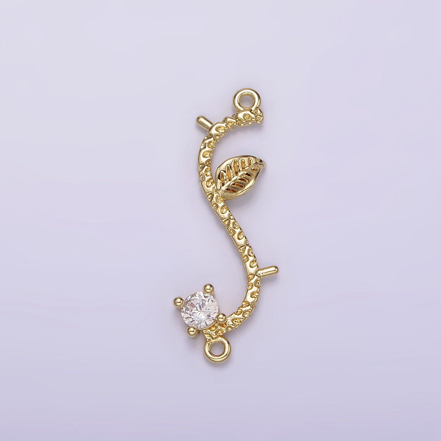 14K Gold Filled Leaf Plant CZ S-Curved Branch Charm Connector for Bracelet Necklace Link Connector Double Bail Charm | G077