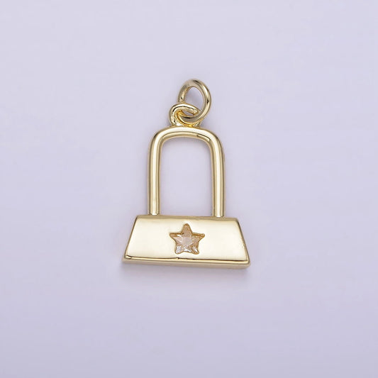 14K Gold Filled 15mm Celestial Star CZ Rectangular Lock Charm Padlock Charm Purse Charm Star | AG209