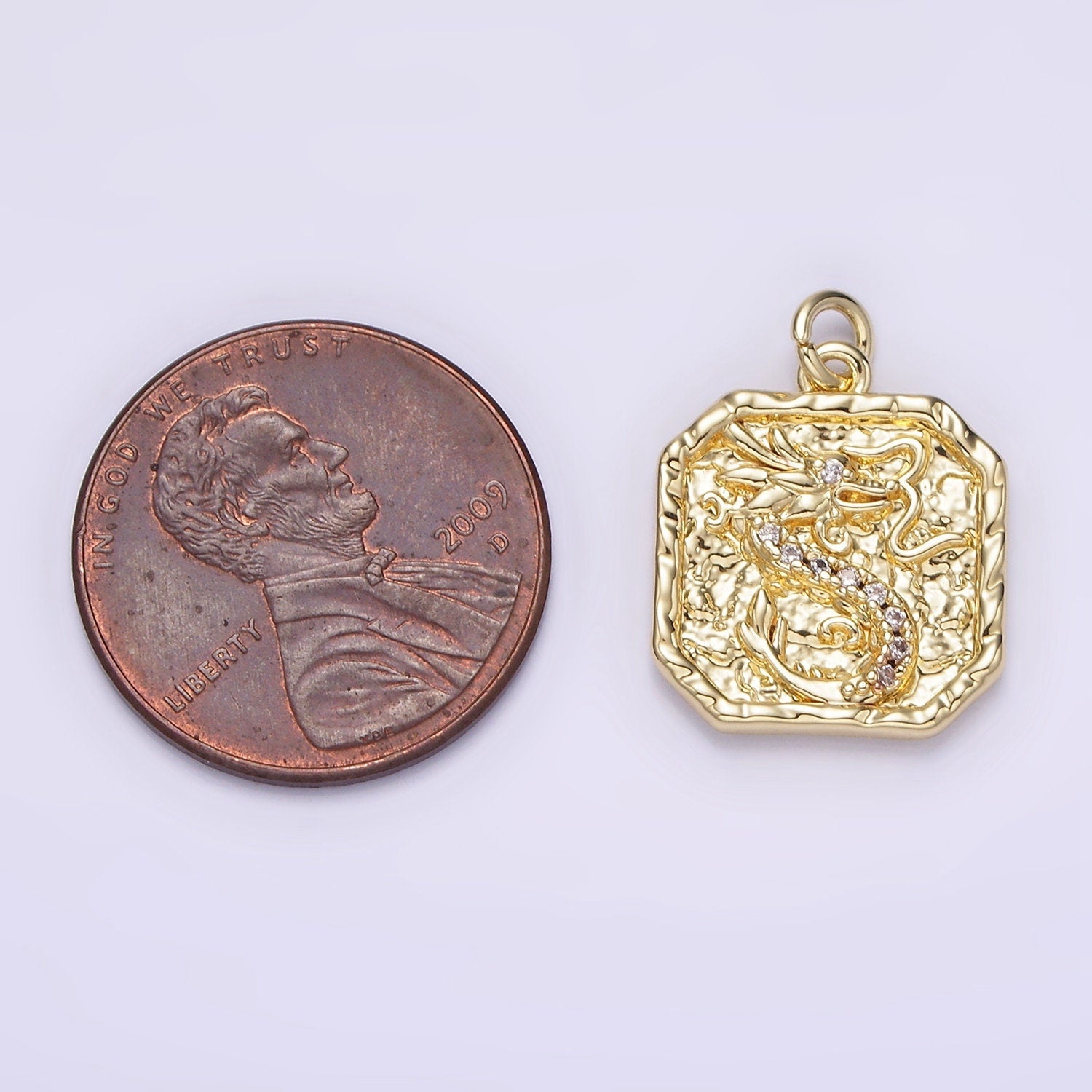 14K Gold Filled Clear-Eyed CZ Dragon Micro Paved Hammered Hexagonal Charm | AG281