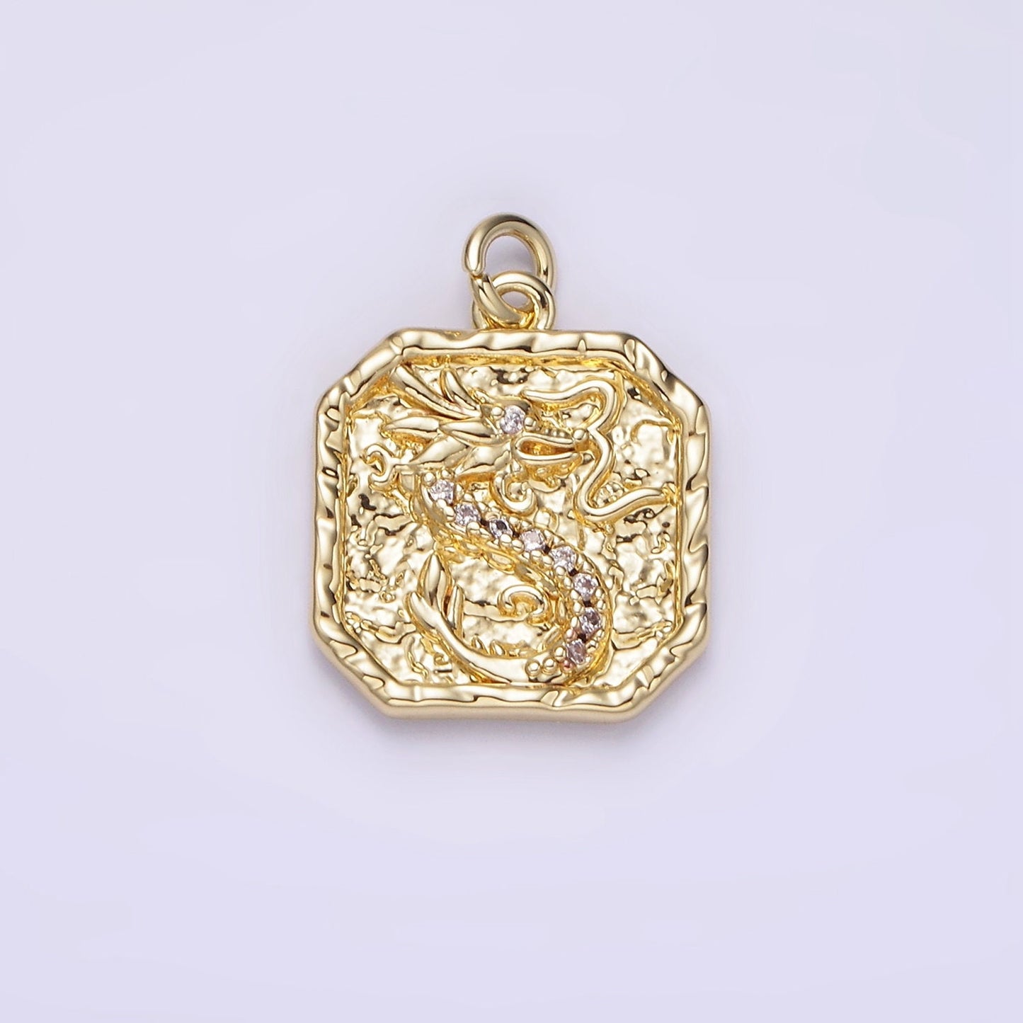 14K Gold Filled Clear-Eyed CZ Dragon Micro Paved Hammered Hexagonal Charm | AG281