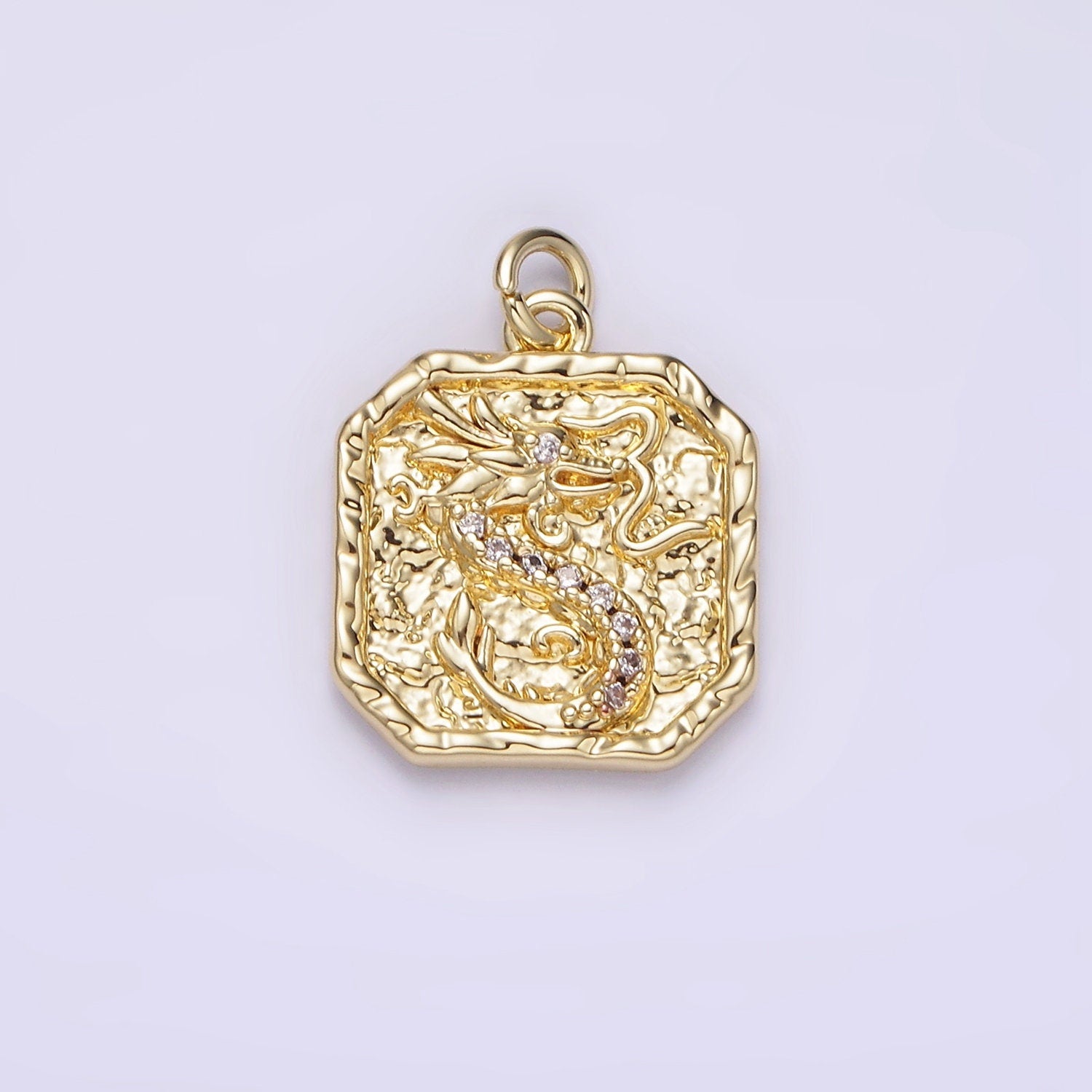 14K Gold Filled Clear-Eyed CZ Dragon Micro Paved Hammered Hexagonal Charm | AG281