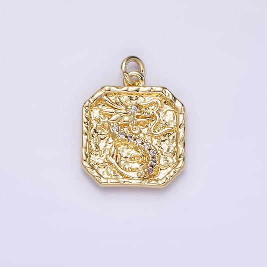 14K Gold Filled Clear-Eyed CZ Dragon Micro Paved Hammered Hexagonal Charm | AG281