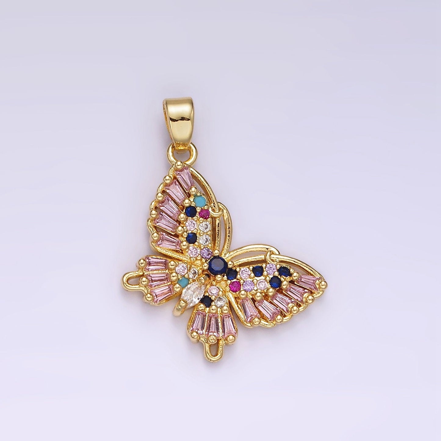 14K Gold Filled Multicolor CZ Pink Baguette Butterfly Wings Pendant | N1316