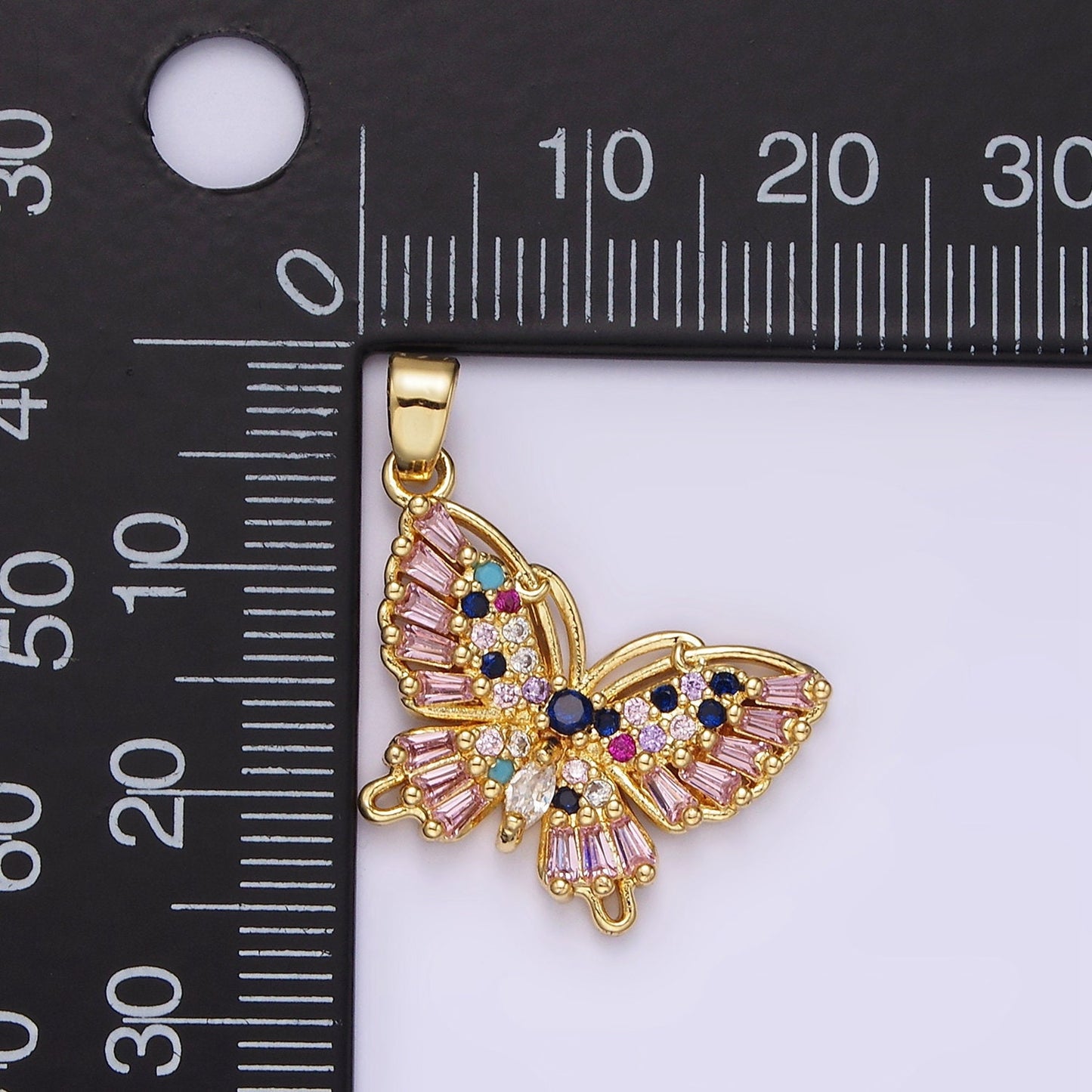 14K Gold Filled Multicolor CZ Pink Baguette Butterfly Wings Pendant | N1316
