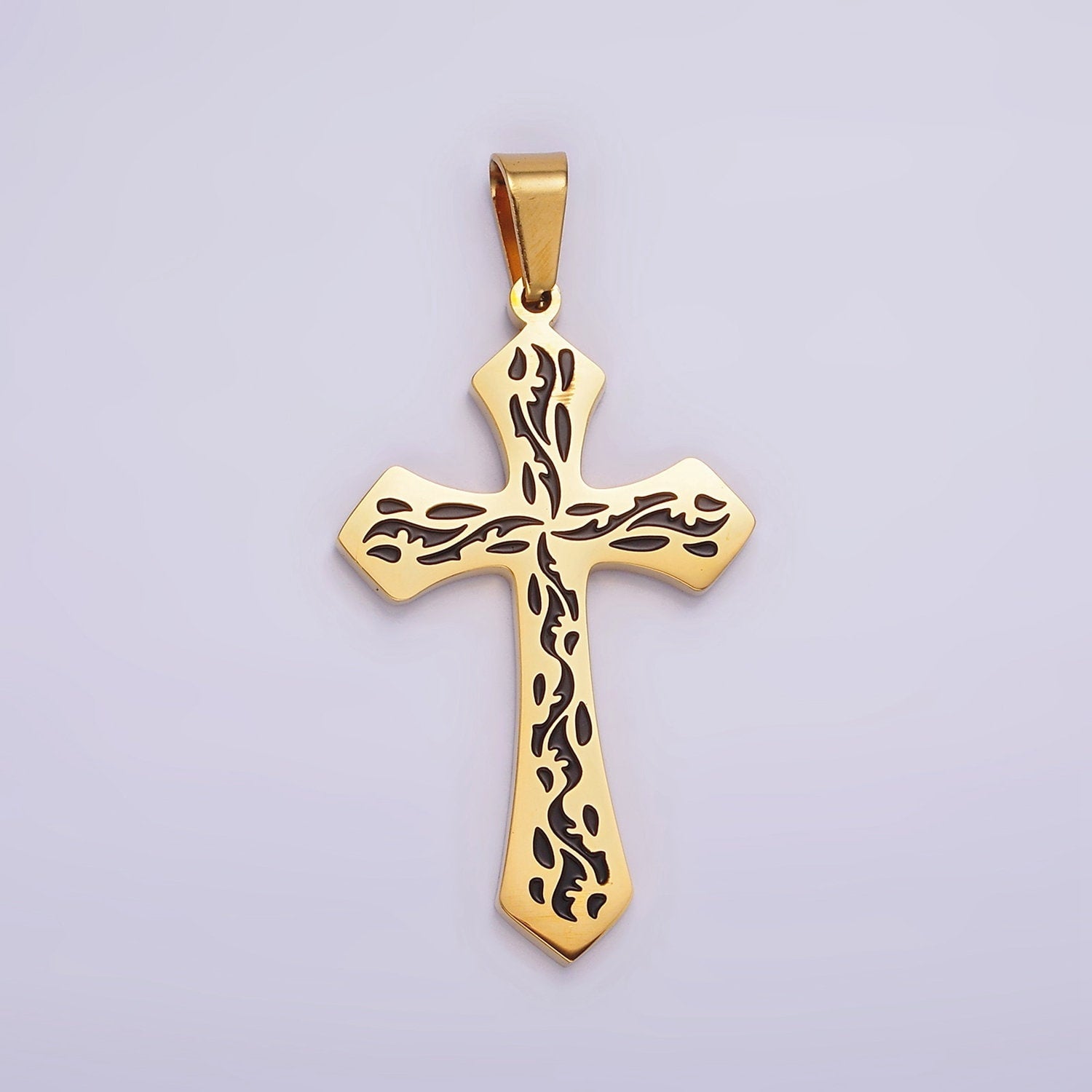 Stainless Steel 44mm Black Artisan Wave Holy Spirit Baptism Fire Passion Cross Pendant in Gold & Silver | P850