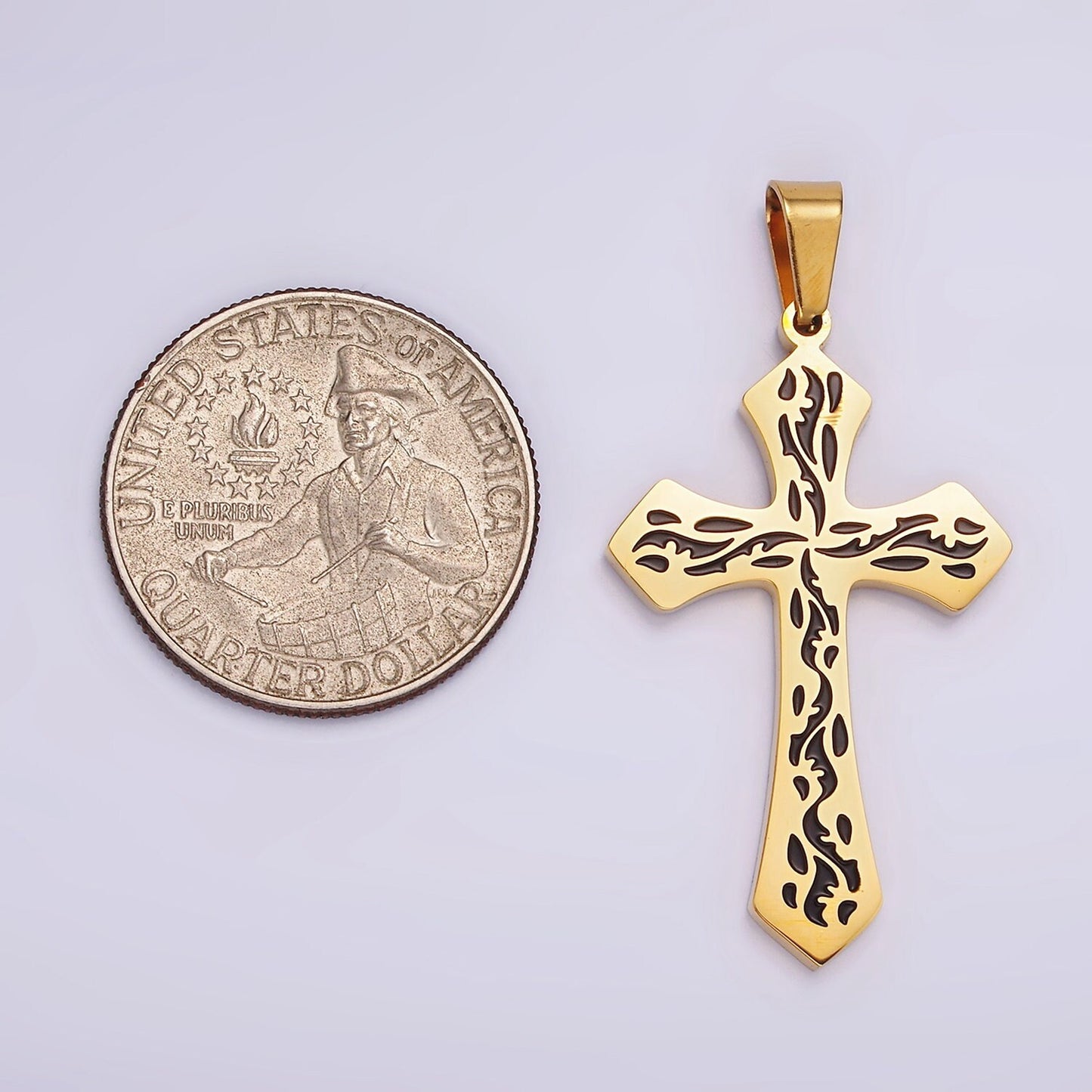 Stainless Steel 44mm Black Artisan Wave Holy Spirit Baptism Fire Passion Cross Pendant in Gold & Silver | P850