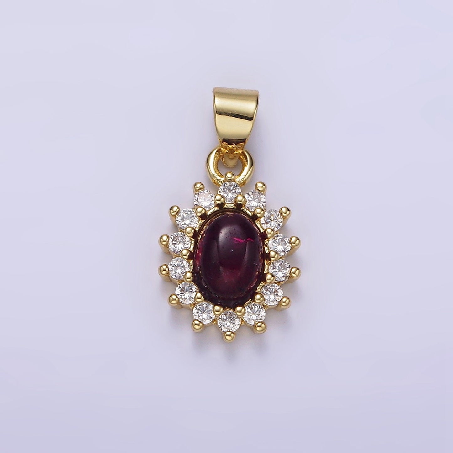 16K Gold Filled Amethyst Cabochon Clear CZ Sunburst Oval Pendant | AA655