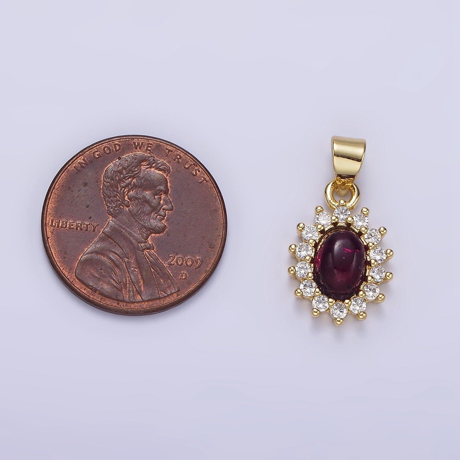16K Gold Filled Amethyst Cabochon Clear CZ Sunburst Oval Pendant | AA655
