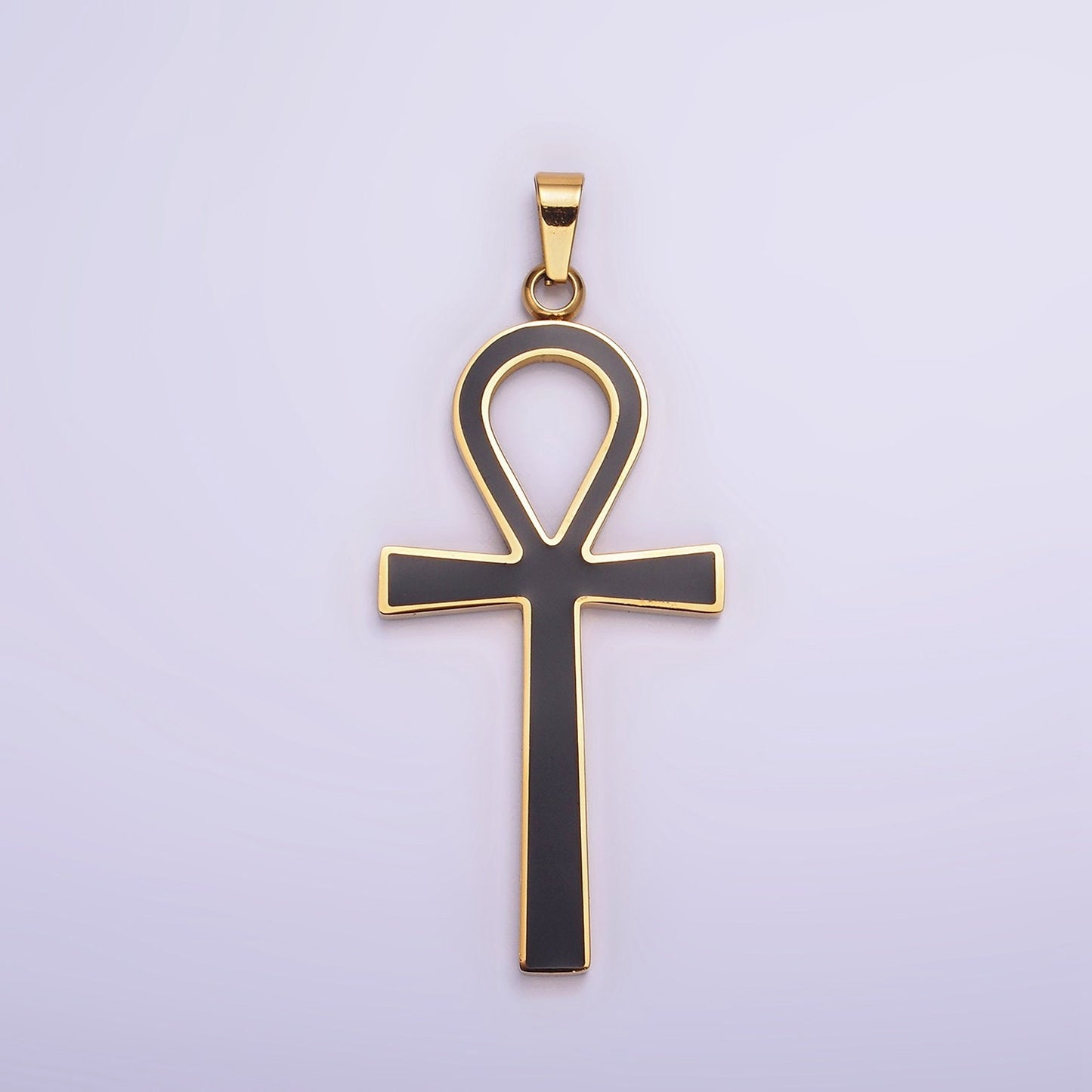Stainless Steel Black Enamel Lined Egyptian Ankh Cross Pendant in Gold & Silver | P755