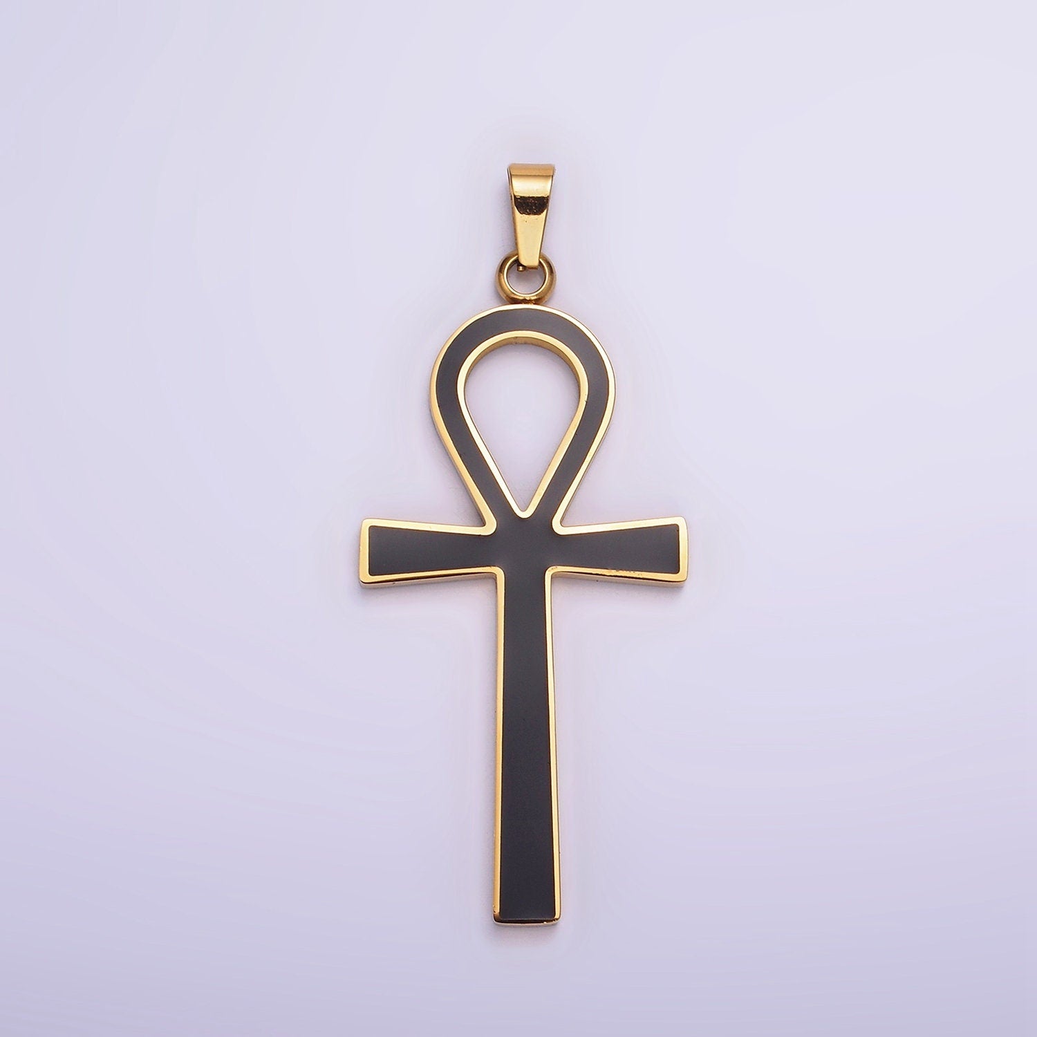 Stainless Steel Black Enamel Lined Egyptian Ankh Cross Pendant in Gold & Silver | P755