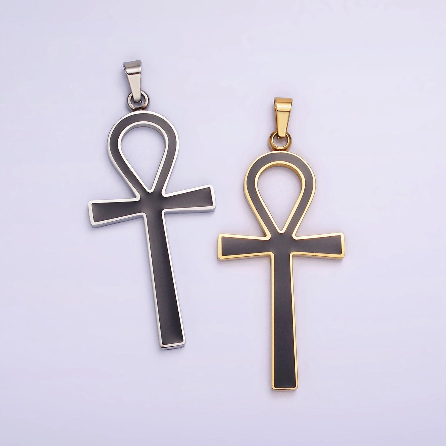 Stainless Steel Black Enamel Lined Egyptian Ankh Cross Pendant in Gold & Silver | P755