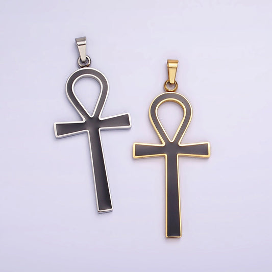 Stainless Steel Black Enamel Lined Egyptian Ankh Cross Pendant in Gold & Silver | P755