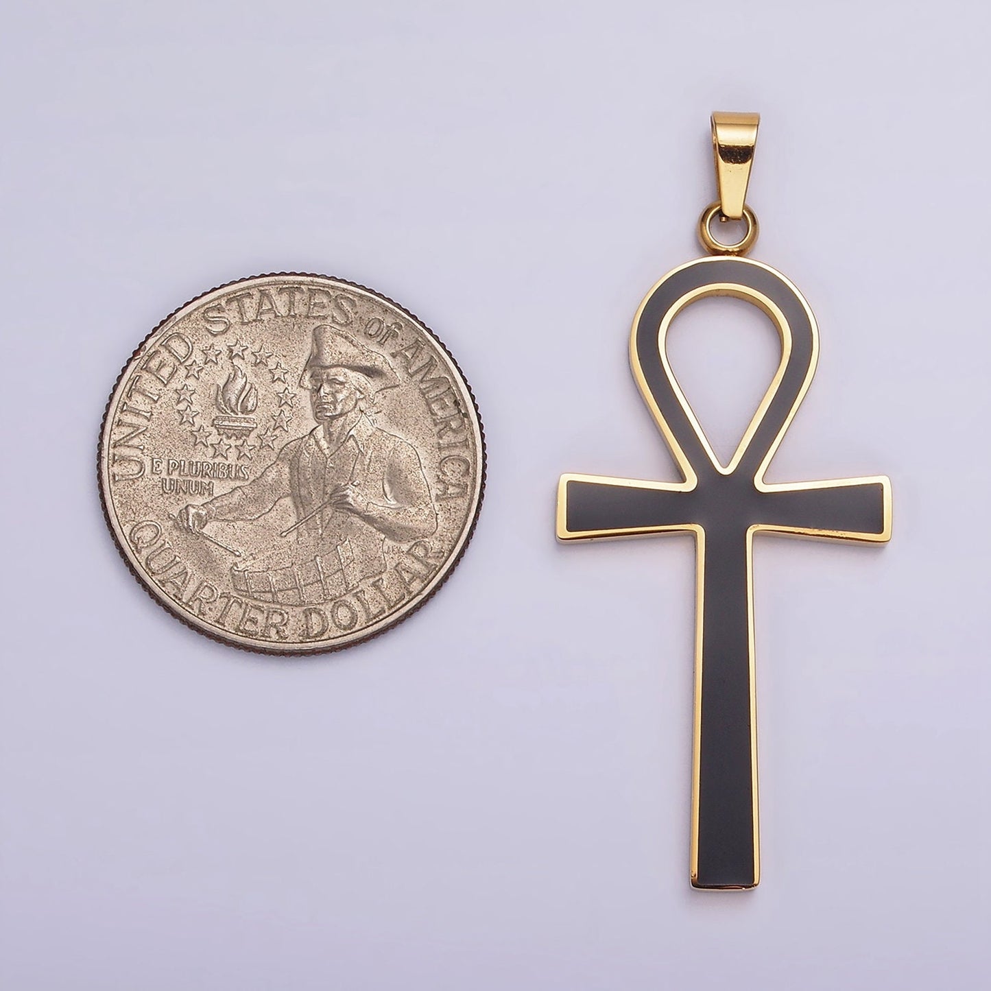 Stainless Steel Black Enamel Lined Egyptian Ankh Cross Pendant in Gold & Silver | P755
