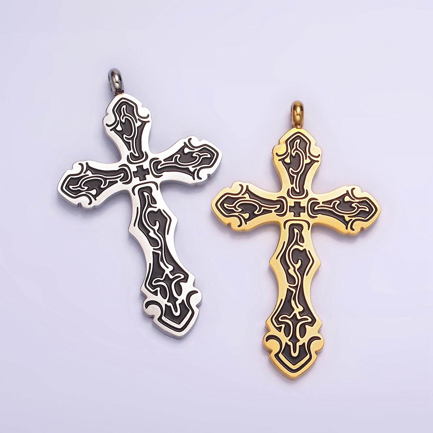 Stainless Steel Black Holy Spirit Sword Artisan Wave Baptism Passion Cross Pendant in Gold & Silver | P667 - P668