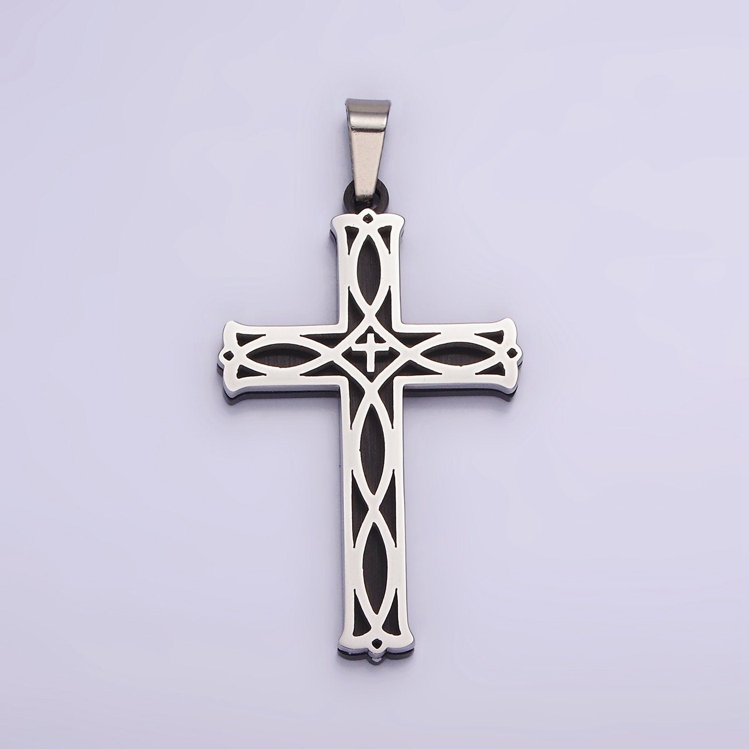 Stainless Steel 37.5mm Celtic Black Back Accented Artisan Bar Religious Cross in Gold & Silver | P757