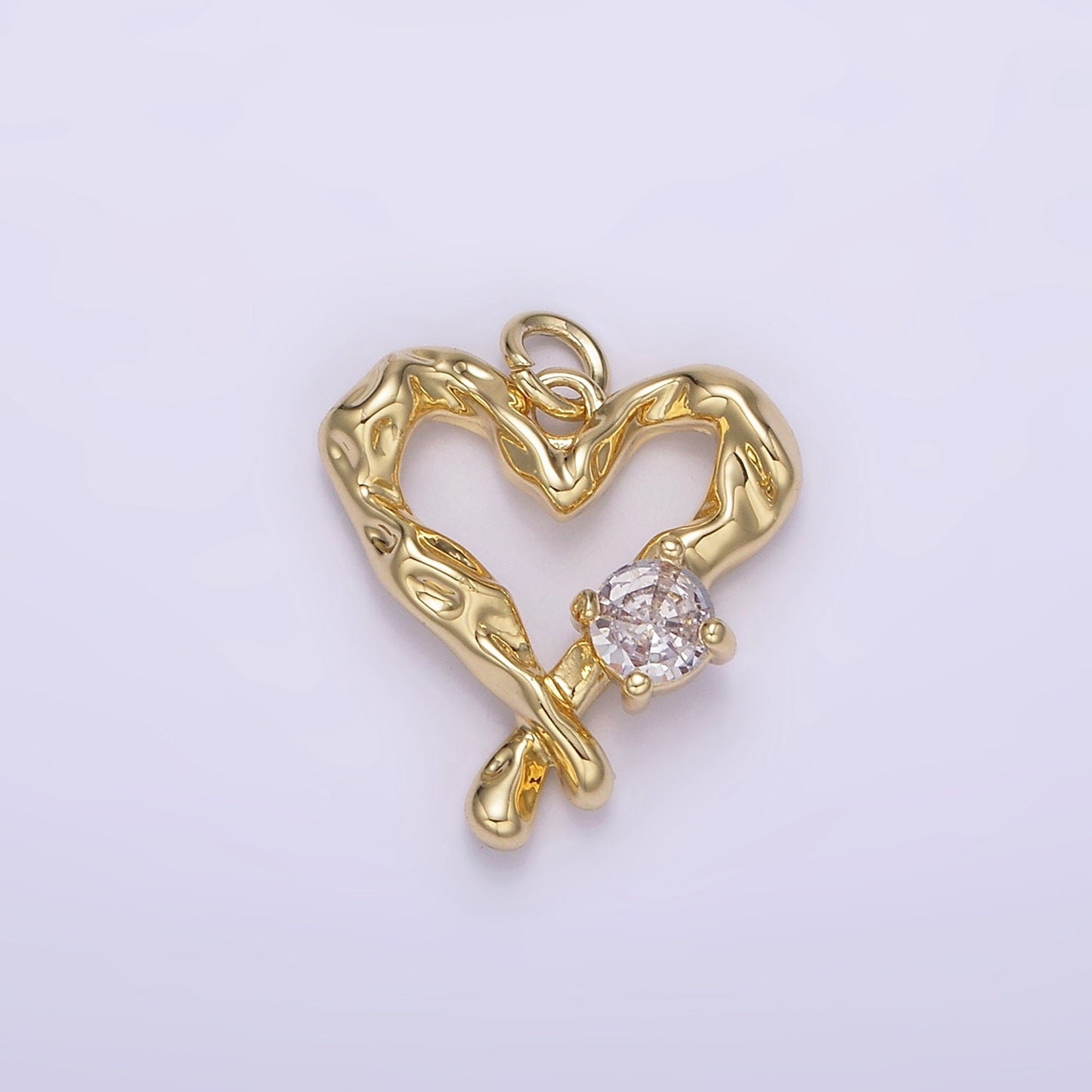 14K Gold Filled Clear CZ Dented Molten Open Heart Charm | AG190