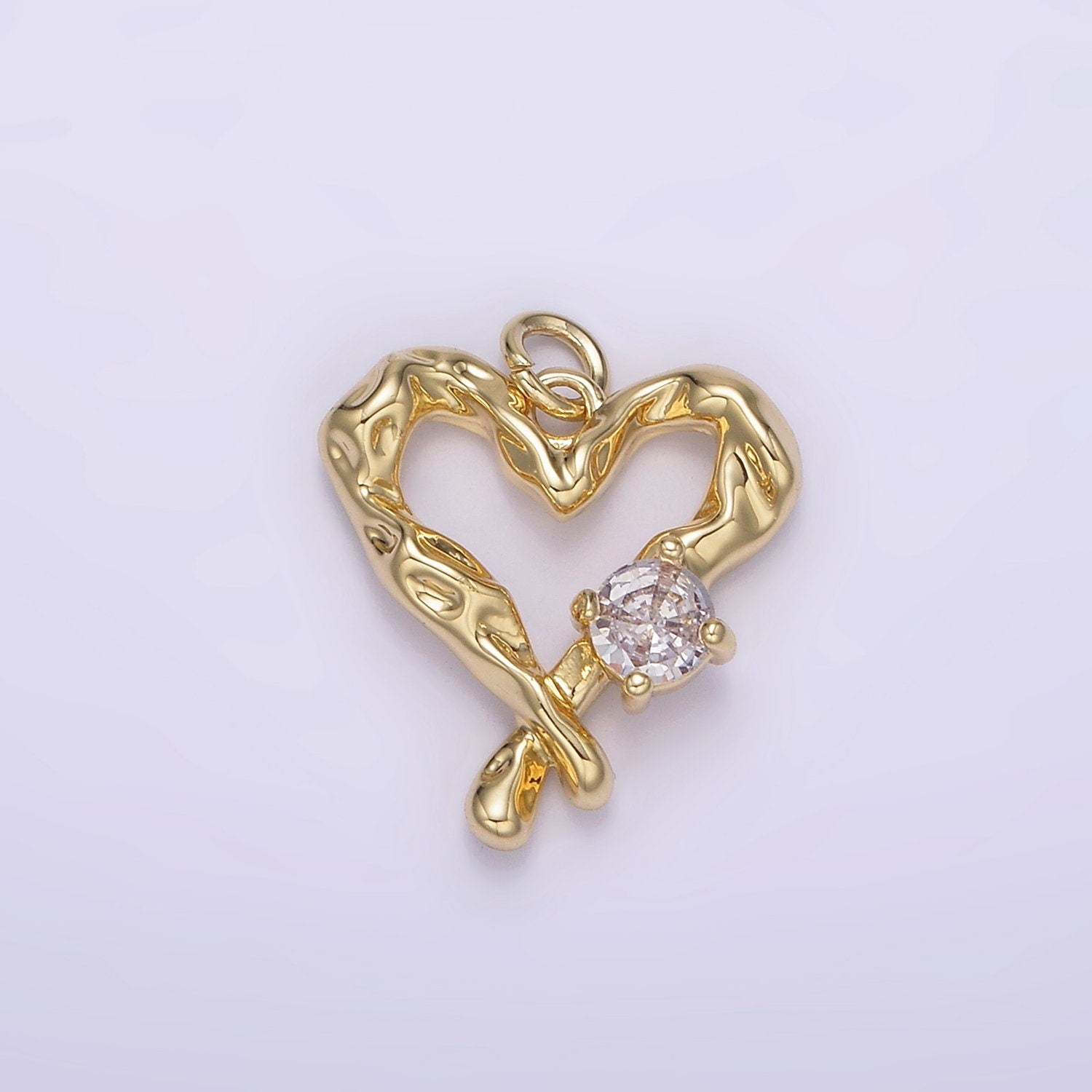 14K Gold Filled Clear CZ Dented Molten Open Heart Charm | AG190